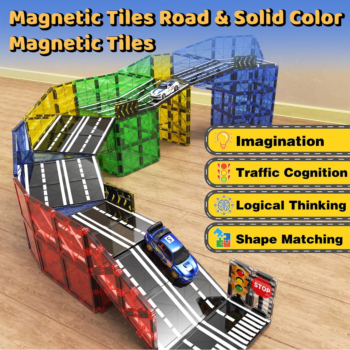 Goodtiles Magnetic Tiles Road Set – City Traffic STEM Building Blocks for Kids 3+