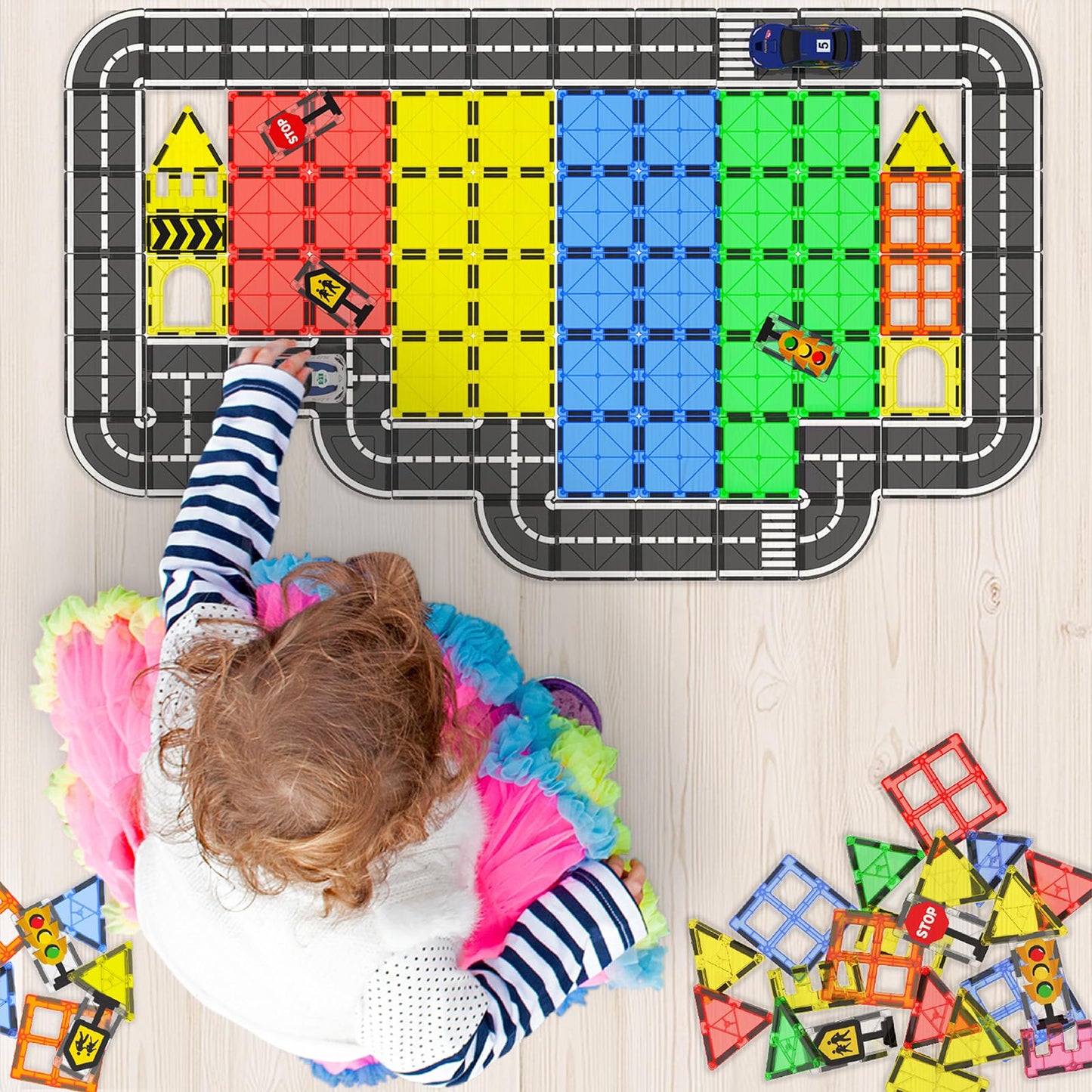 Goodtiles Magnetic Tiles Road Set – City Traffic STEM Building Blocks for Kids 3+