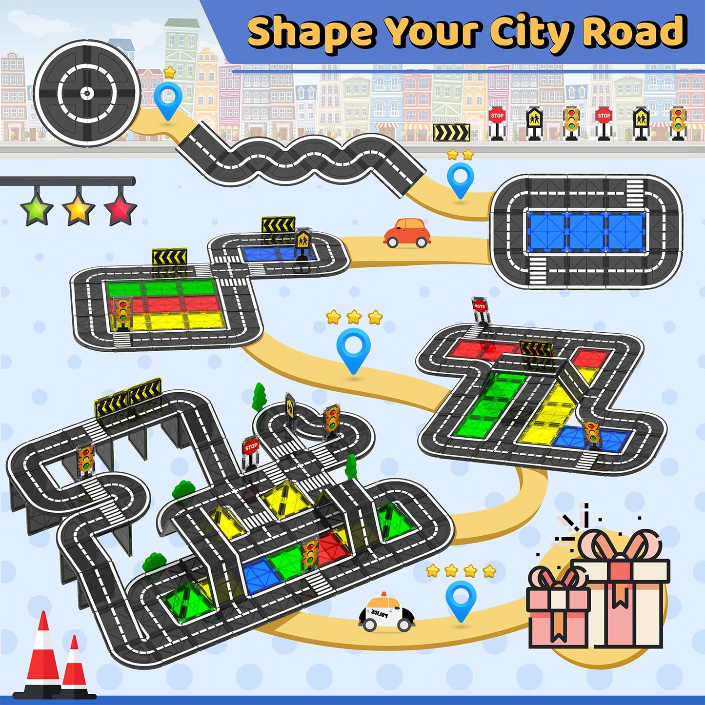 Goodtiles Magnetic Tiles Road Set – City Traffic STEM Building Blocks for Kids 3+