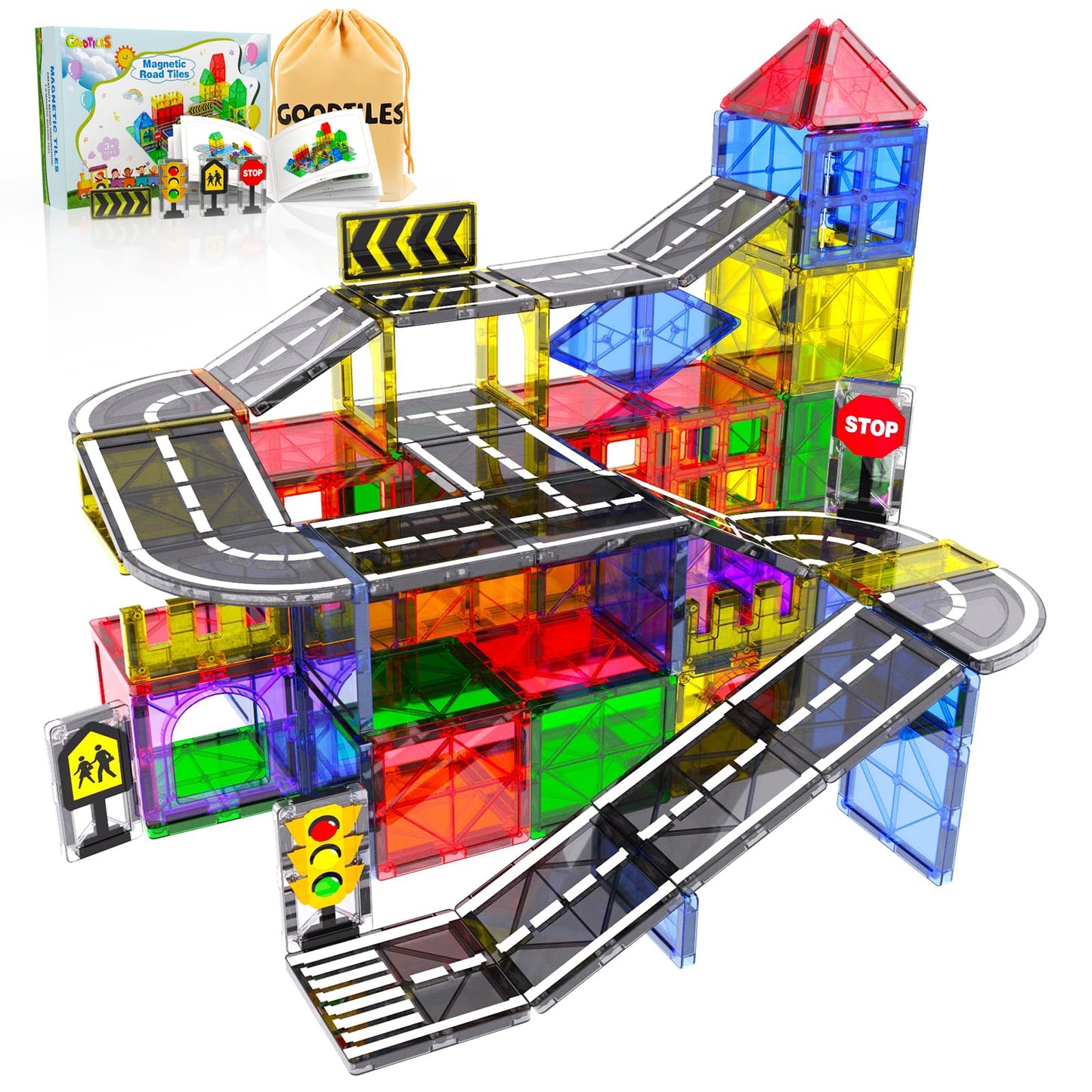 Goodtiles Magnetic Tiles Road Set – City Traffic STEM Building Blocks for Kids 3+