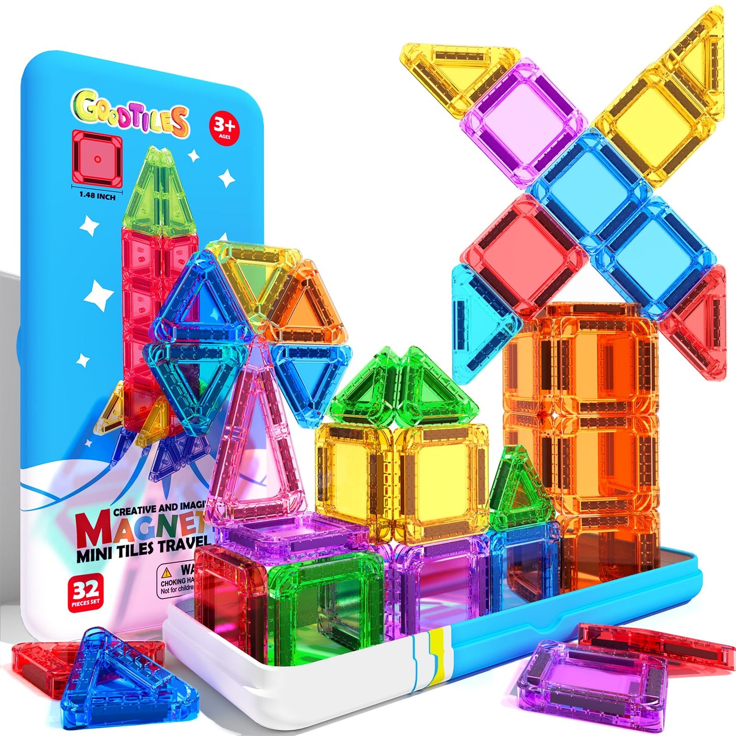 Goodtiles Mini Magnetic Tiles – Portable STEM Travel Toys in Tin for 3-8 Year Olds