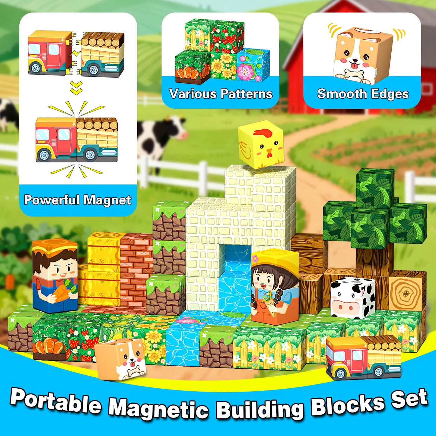Goodtiles Mini Magnetic Blocks – Farm-Themed STEM Toys for Kids 3–8