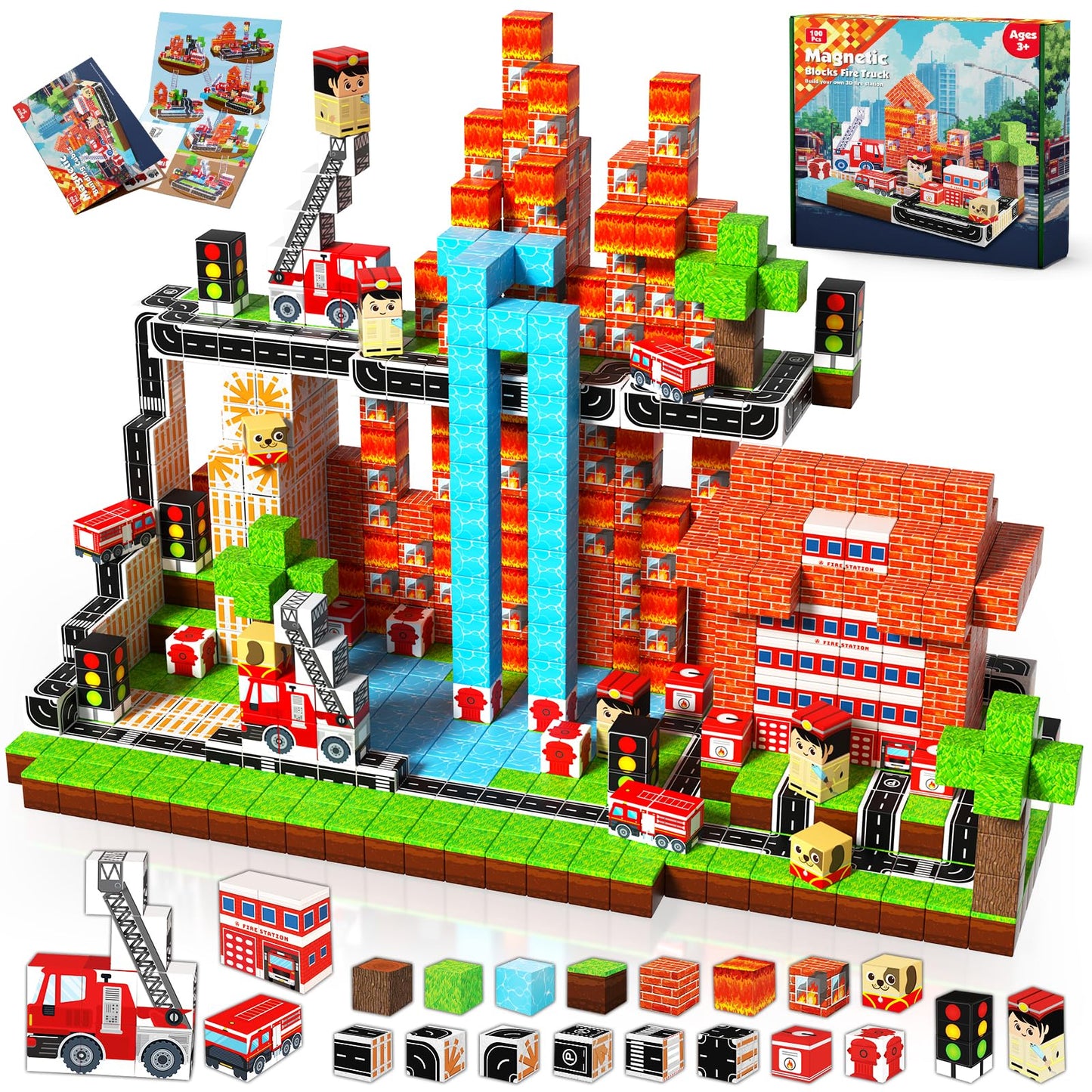 Goody King Magnetic Blocks 100-Piece Fire Truck Set – STEM Building Toys for Kids 3-10