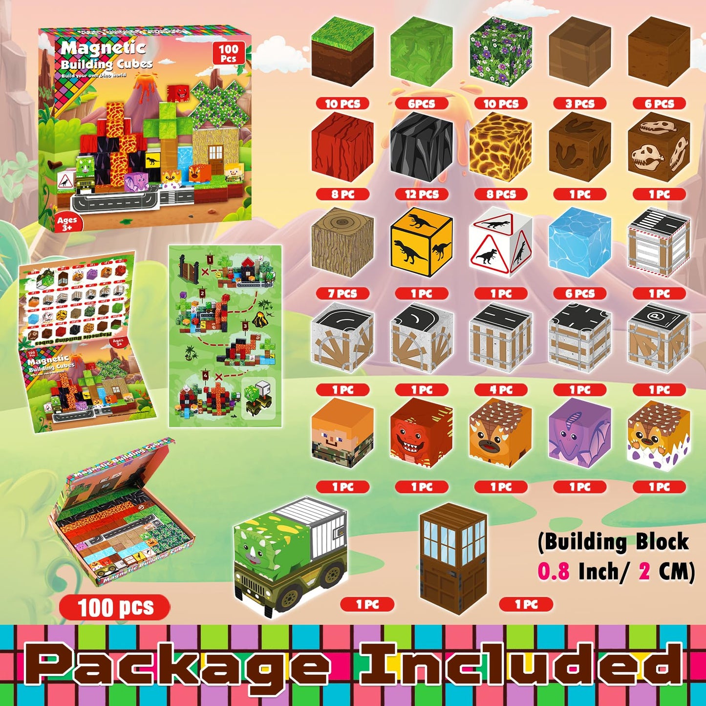 Goody King Dinosaur Volcano Magnetic Block World | 100PCS STEM Blocks for Toddlers & Kids 3-8