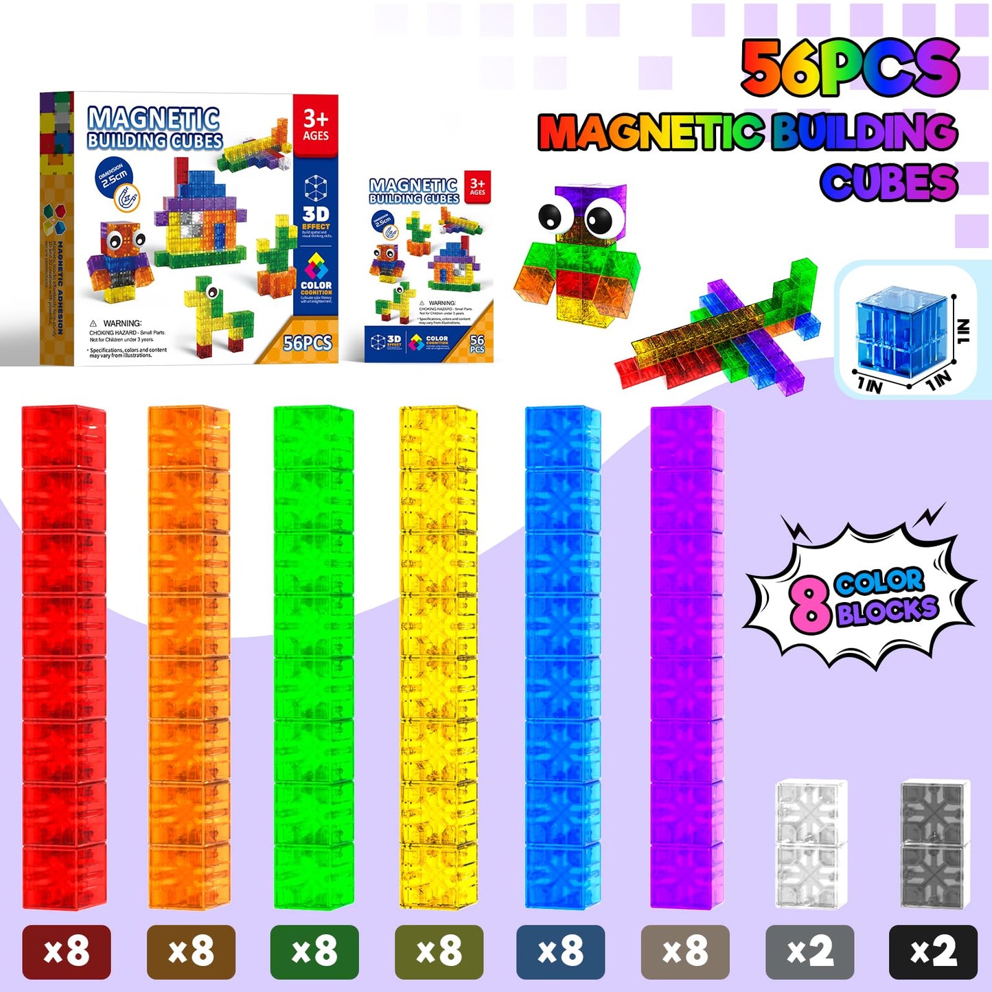 Goody King 56pcs Magnetic Blocks – 1in Colorful STEM Building Toys for Toddlers 3+
