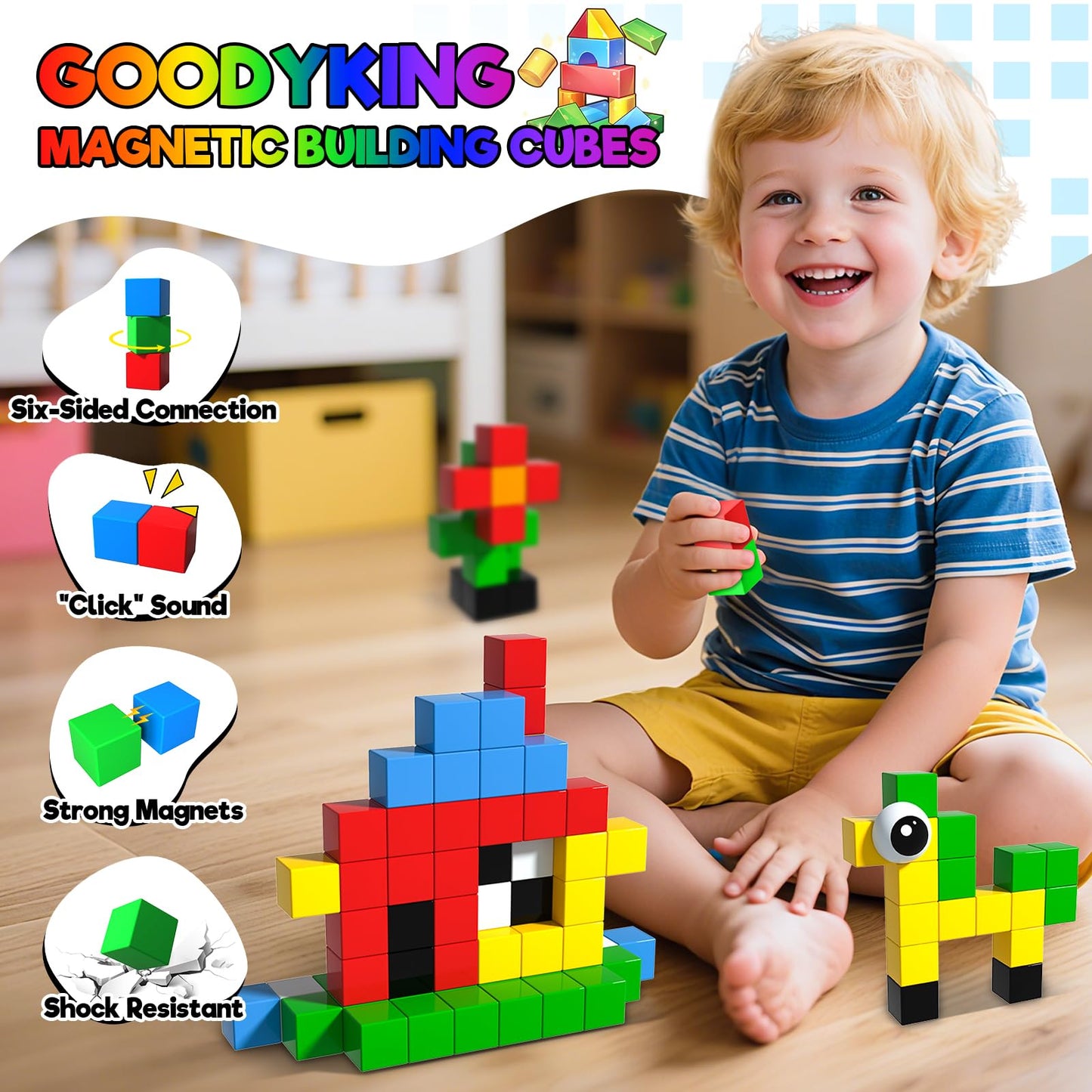 Goody King 56pcs Magnetic Blocks - 1in Large Building Blocks for Toddlers | STEM Montessori Toys 3+