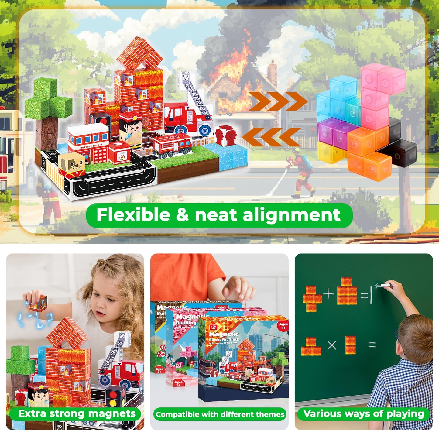 Goody King Magnetic Blocks 100-Piece Fire Truck Set – STEM Building Toys for Kids 3-10