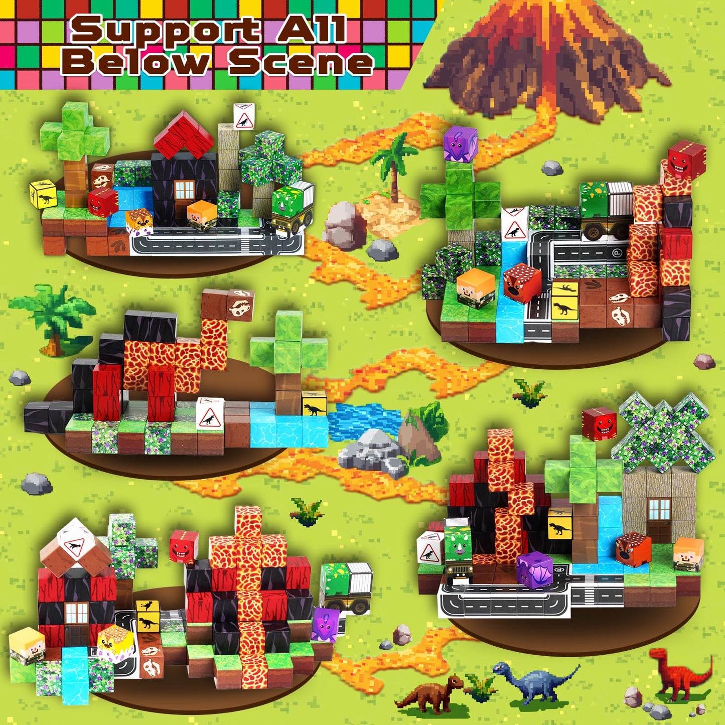 Goody King Dinosaur Volcano Magnetic Block World | 100PCS STEM Blocks for Toddlers & Kids 3-8