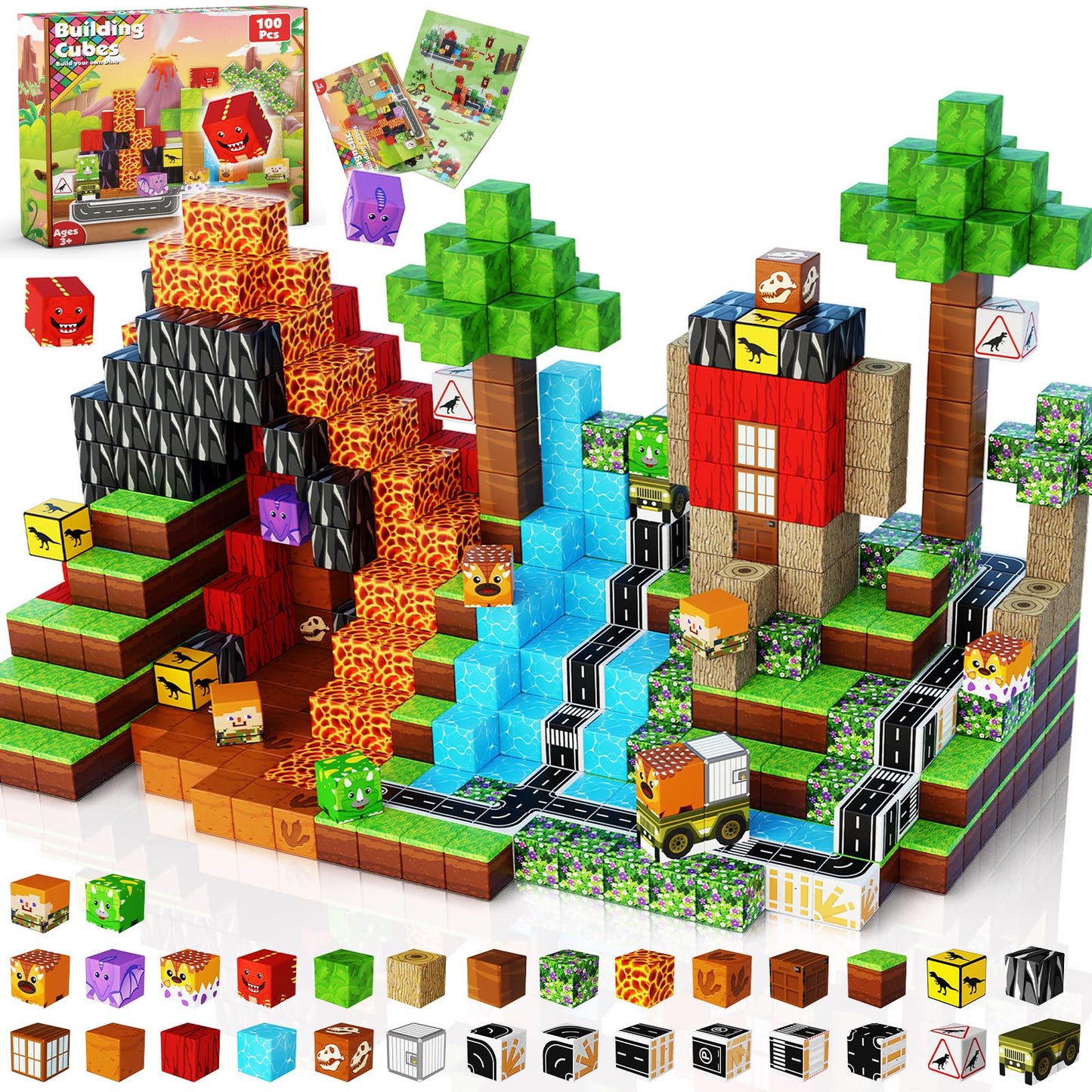Goody King Dinosaur Volcano Magnetic Block World | 100PCS STEM Blocks for Toddlers & Kids 3-8