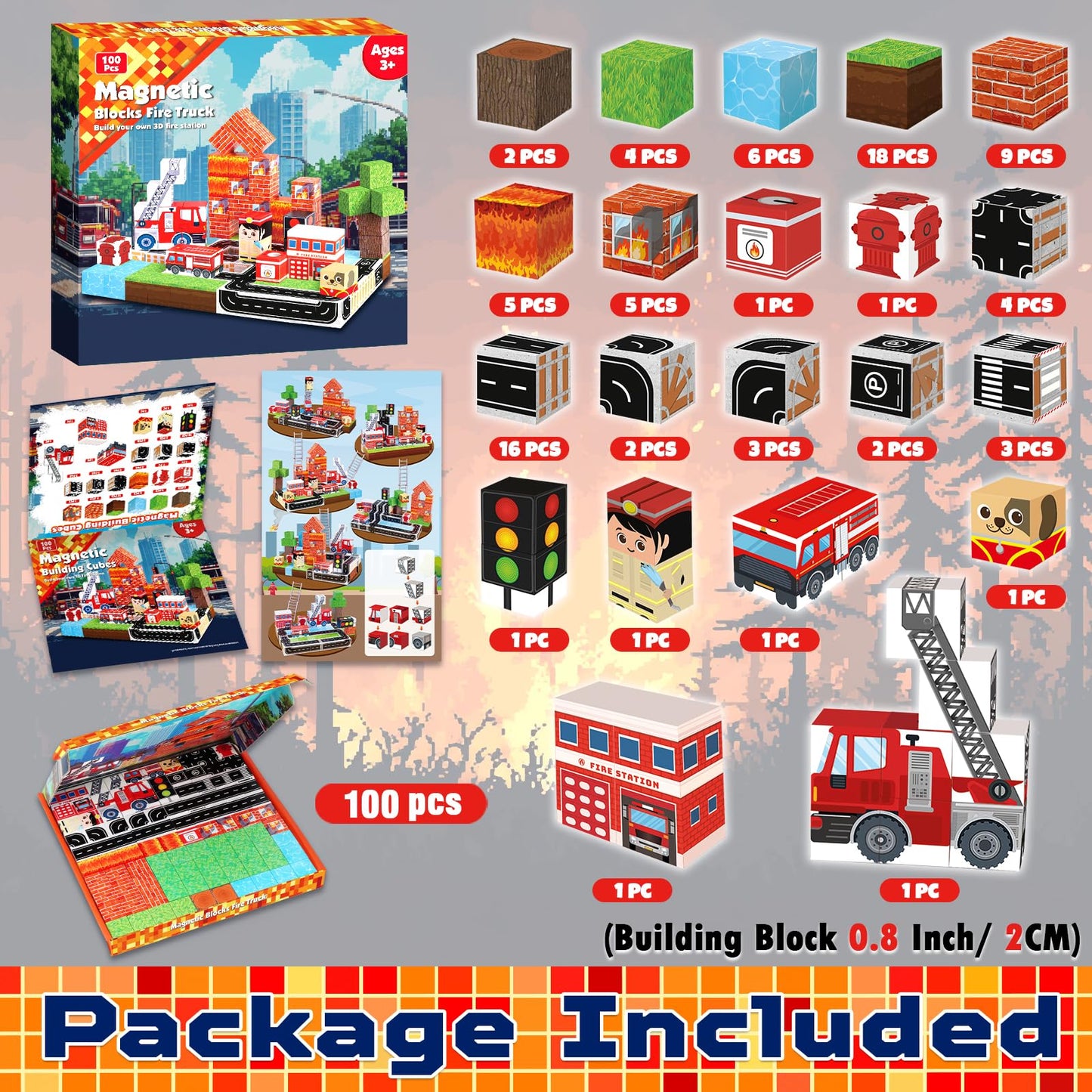 Goody King Magnetic Blocks 100-Piece Fire Truck Set – STEM Building Toys for Kids 3-10