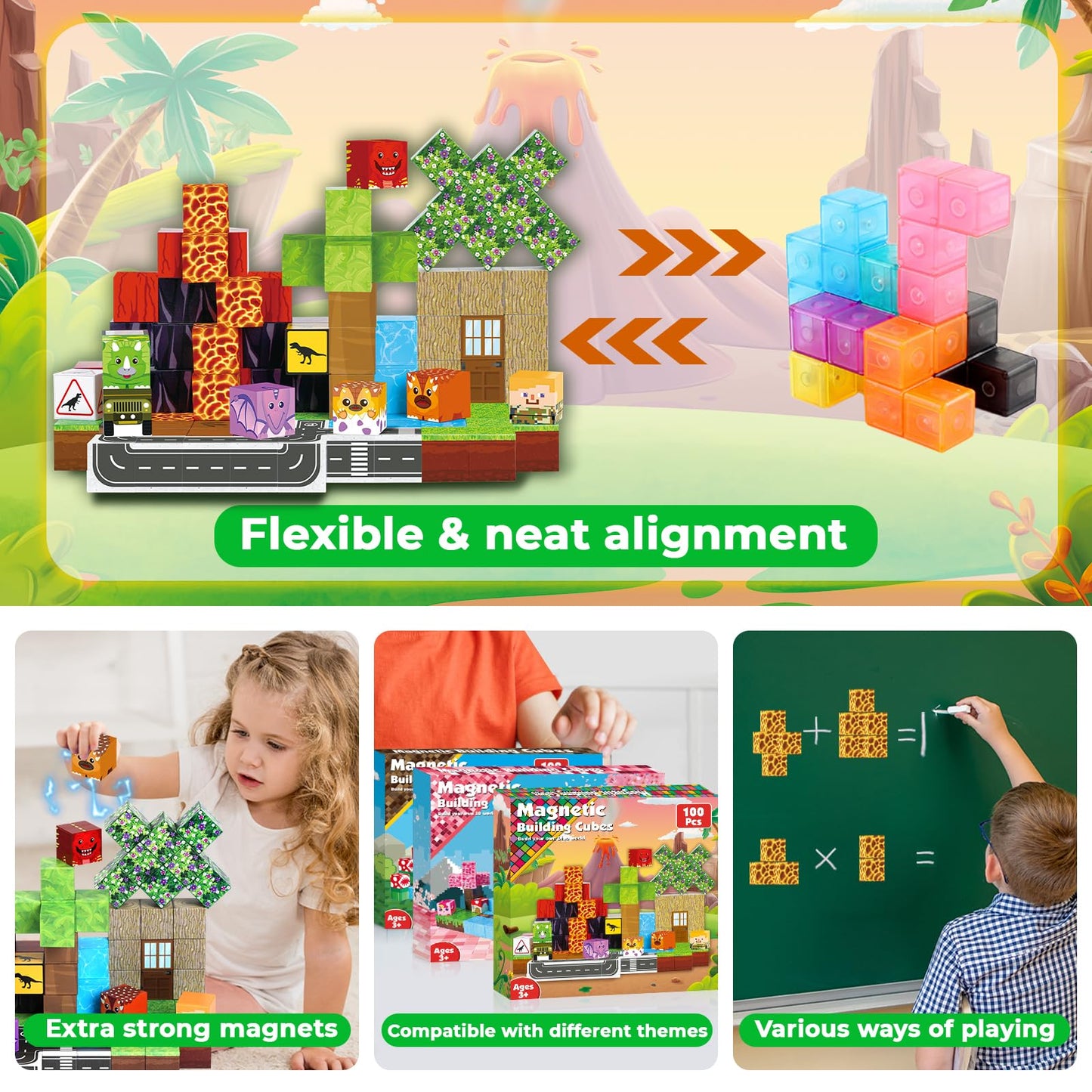 Goody King Dinosaur Volcano Magnetic Block World | 100PCS STEM Blocks for Toddlers & Kids 3-8