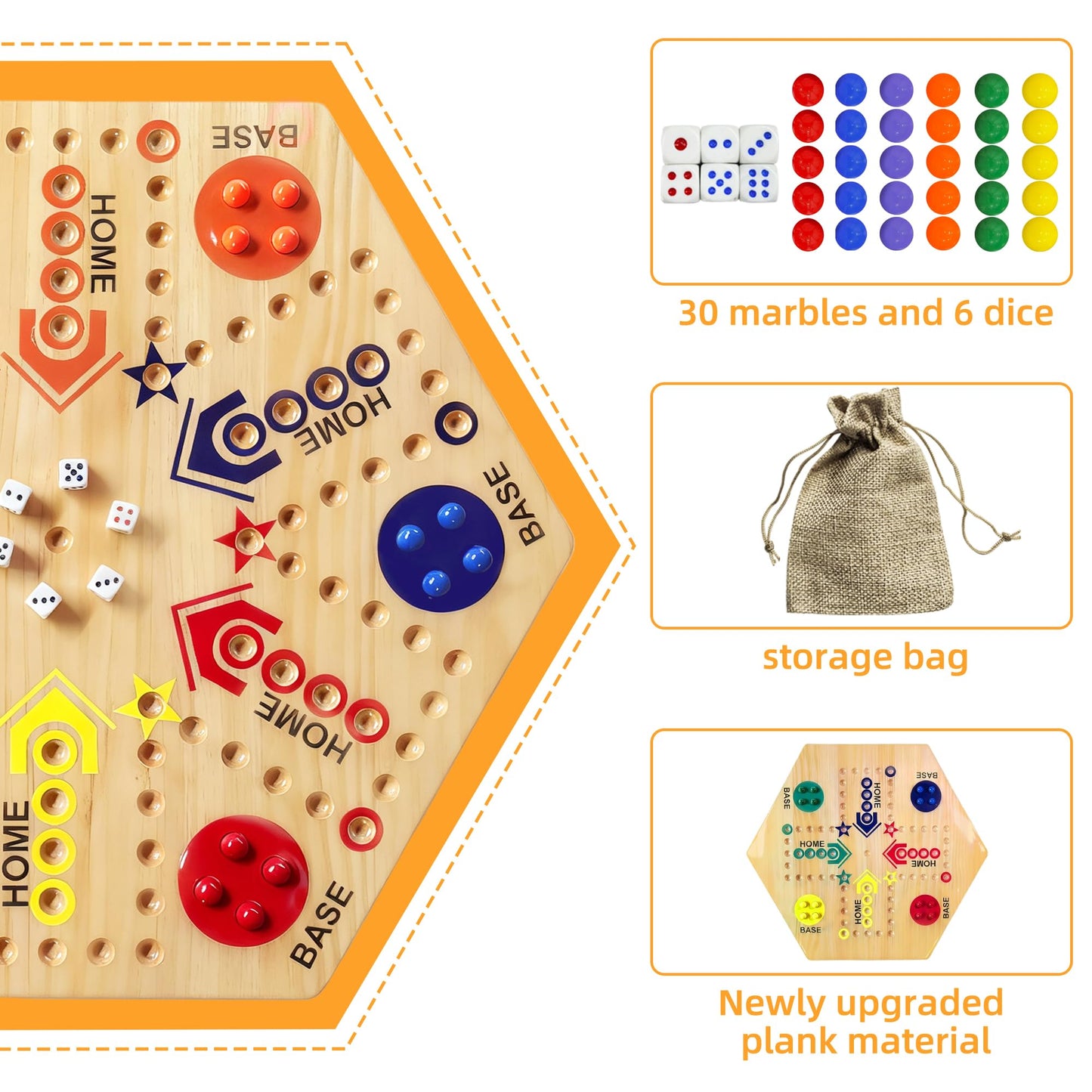 googgoing Marble Board Game — Double-Sided Wooden Fast Track for 4-6 Players (24 Marbles, 6 Dice)