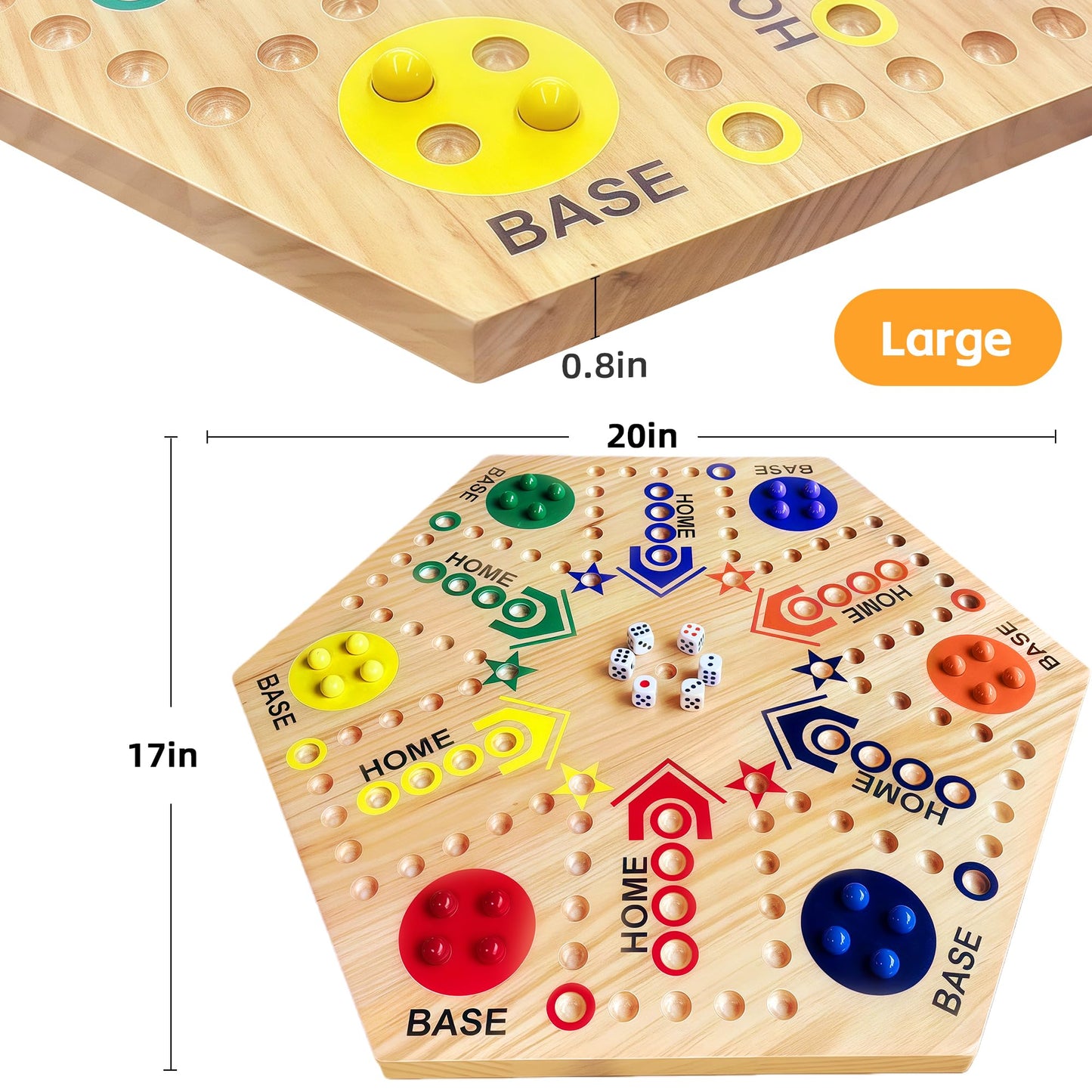 googgoing Wooden Marble Board Game - Double-Sided, 2-6 Players, 24 Marbles, 6 Dice - 20-Inch