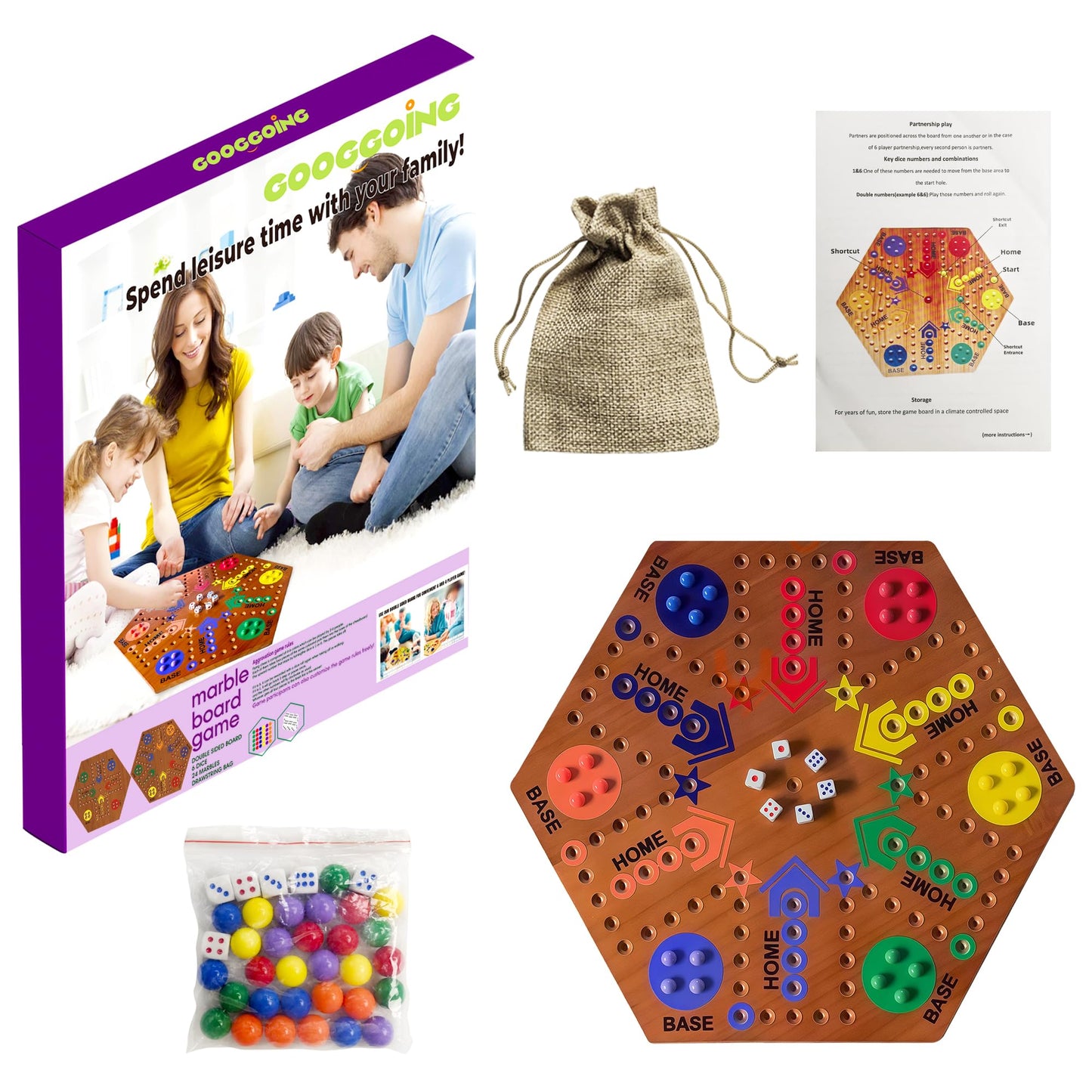 googgoing Wooden Board Game – Double-Sided Marble Strategy for 2-6 Players