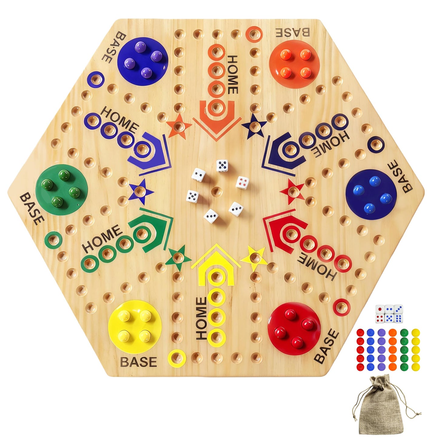 googgoing Marble Board Game — Double-Sided Wooden Fast Track for 4-6 Players (24 Marbles, 6 Dice)
