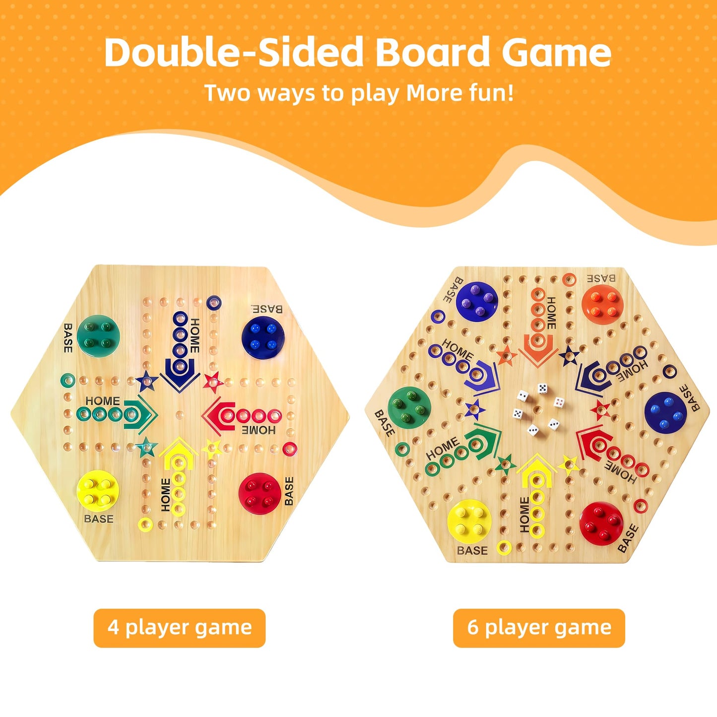 googgoing Wooden Marble Board Game - Double-Sided, 2-6 Players, 24 Marbles, 6 Dice - 20-Inch