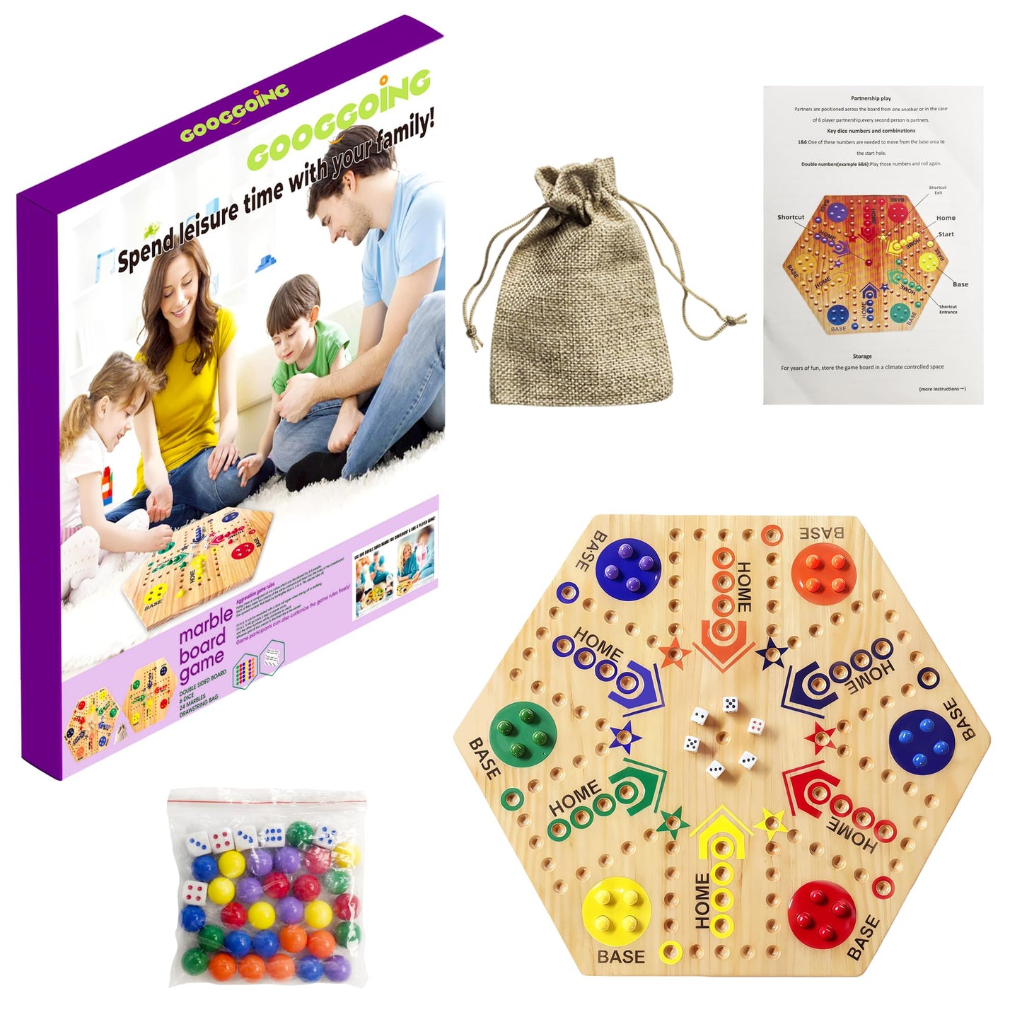 googgoing Wooden Board Game – Double-Sided Marble Race for 2–6 Players, 24 Marbles, 6 Dice, 15 Inch