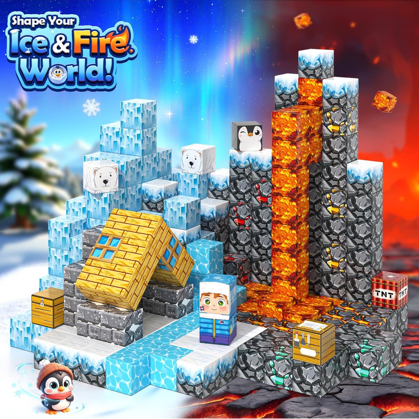 Gooidea Large Magnetic Blocks 110PCS – Ice Fire World MAGWORLD Build & Create Set for Kids Ages 3-12