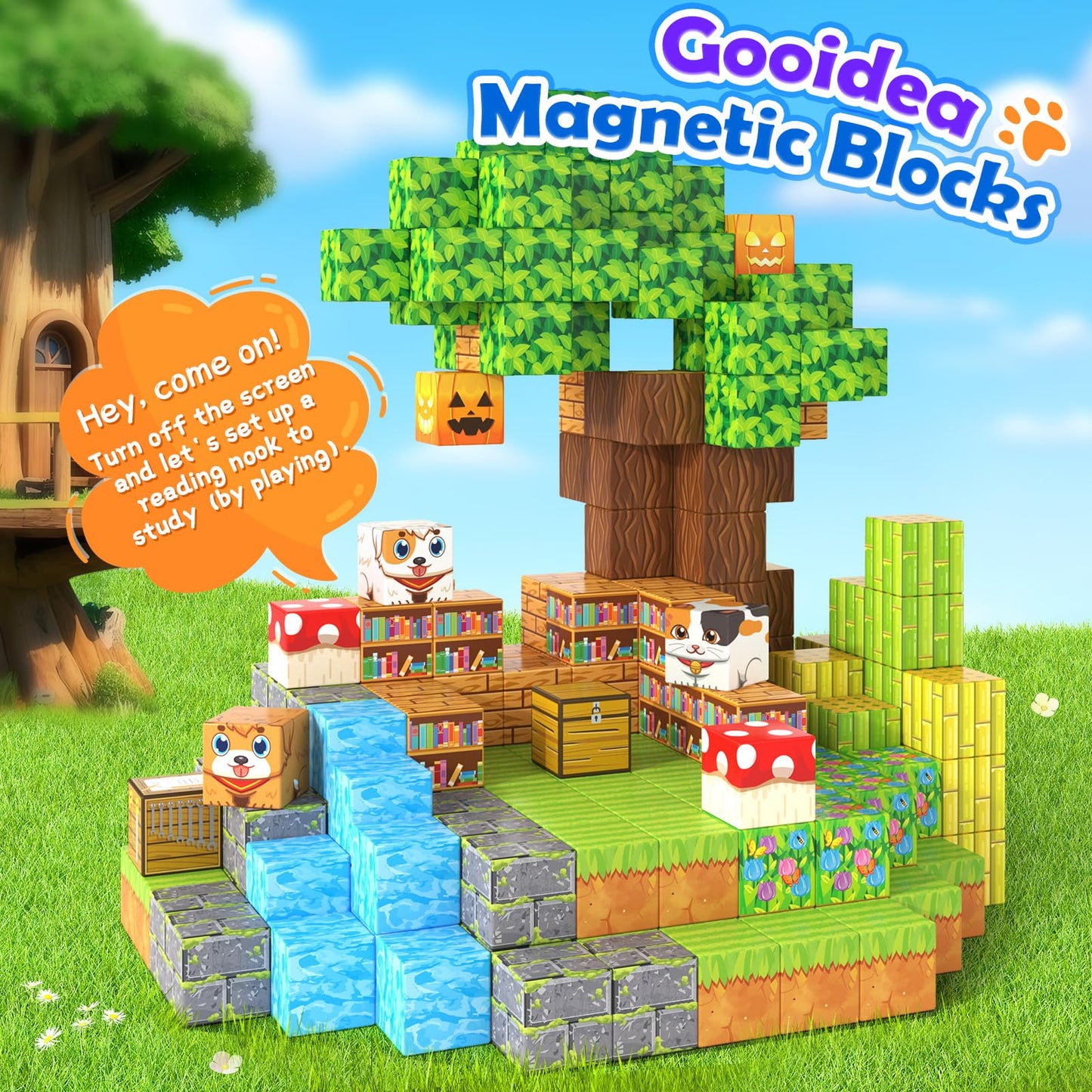Gooidea Large Magnetic Blocks 1 Inch Building Cubes for Kids 3+ | Magworld Bamboo House Toy Set