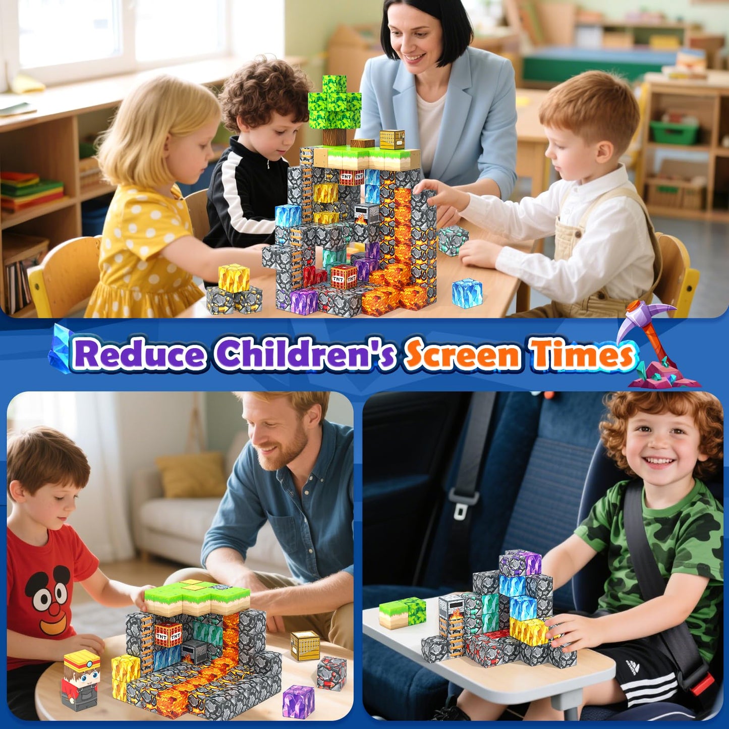 Gooidea Magnetic Blocks - 150 STEM Building Blocks for Kids | Mine World Theme Cubes