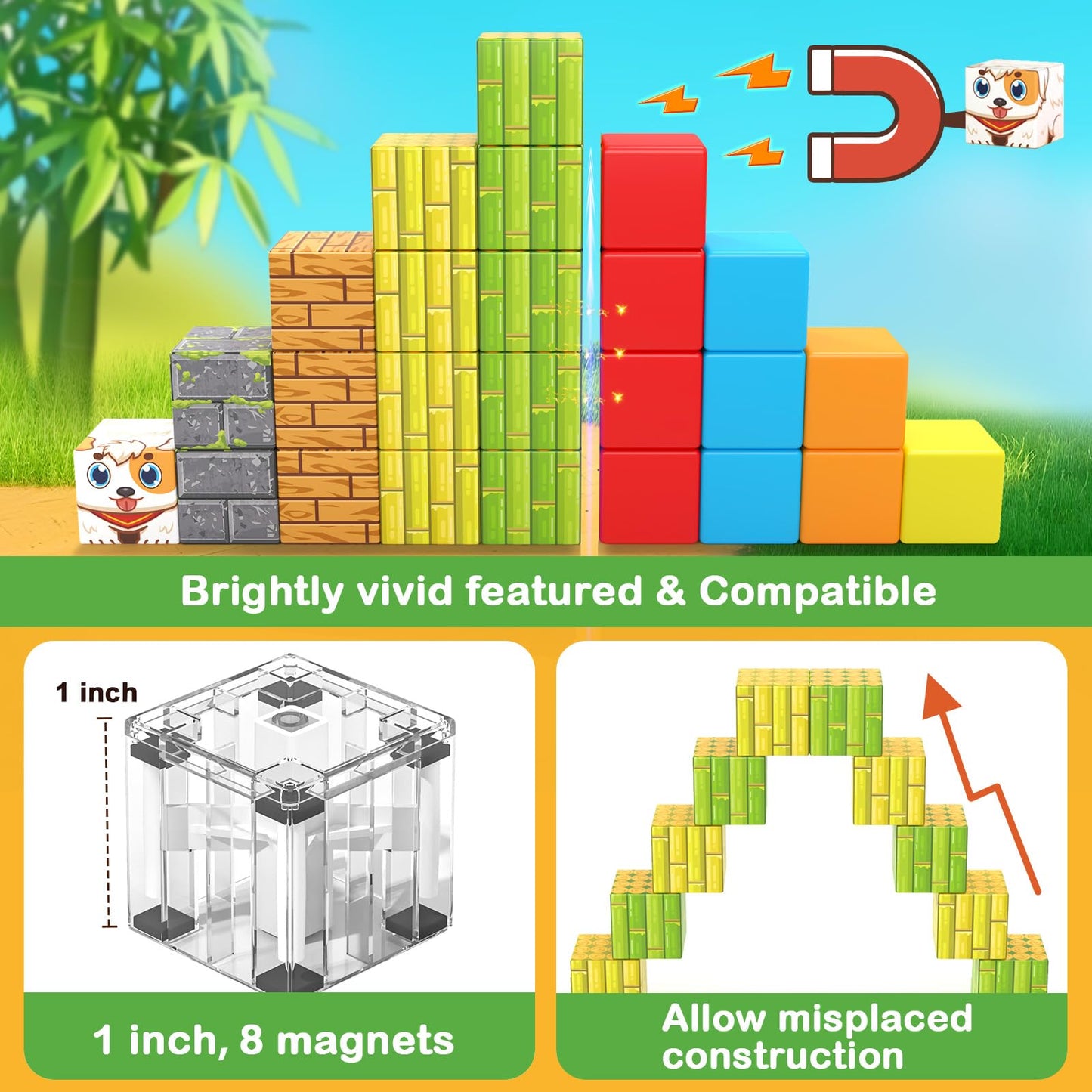 Gooidea Large Magnetic Blocks 1 Inch Building Cubes for Kids 3+ | Magworld Bamboo House Toy Set