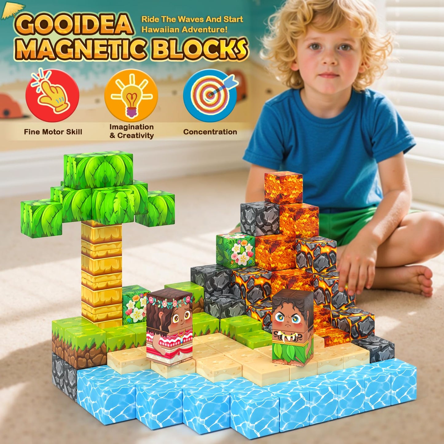 Gooidea Large Magnetic Blocks – 120pcs Hawaii Mine Magnet World Building Toy for Kids Aged 3-12