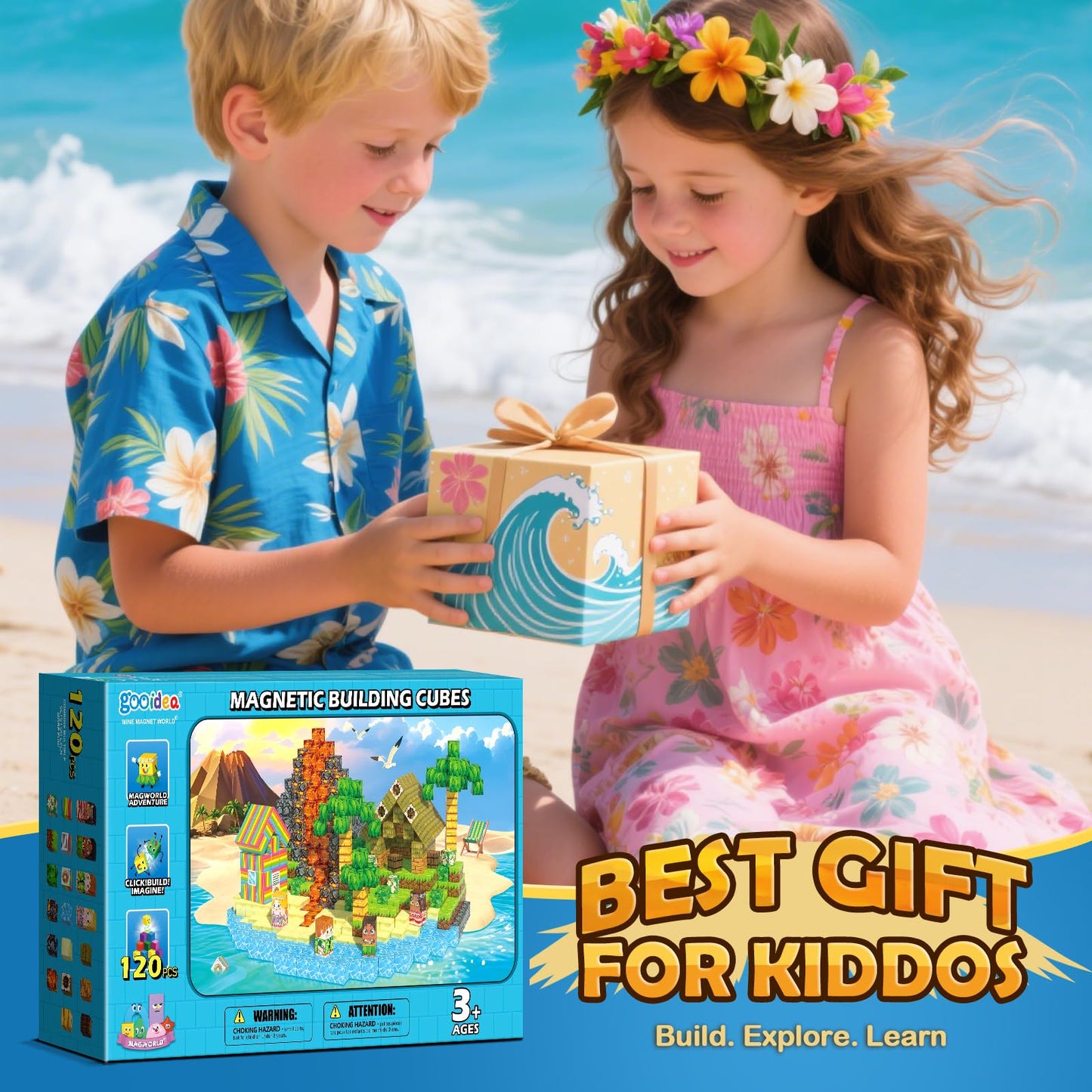 Gooidea Large Magnetic Blocks – 120pcs Hawaii Mine Magnet World Building Toy for Kids Aged 3-12