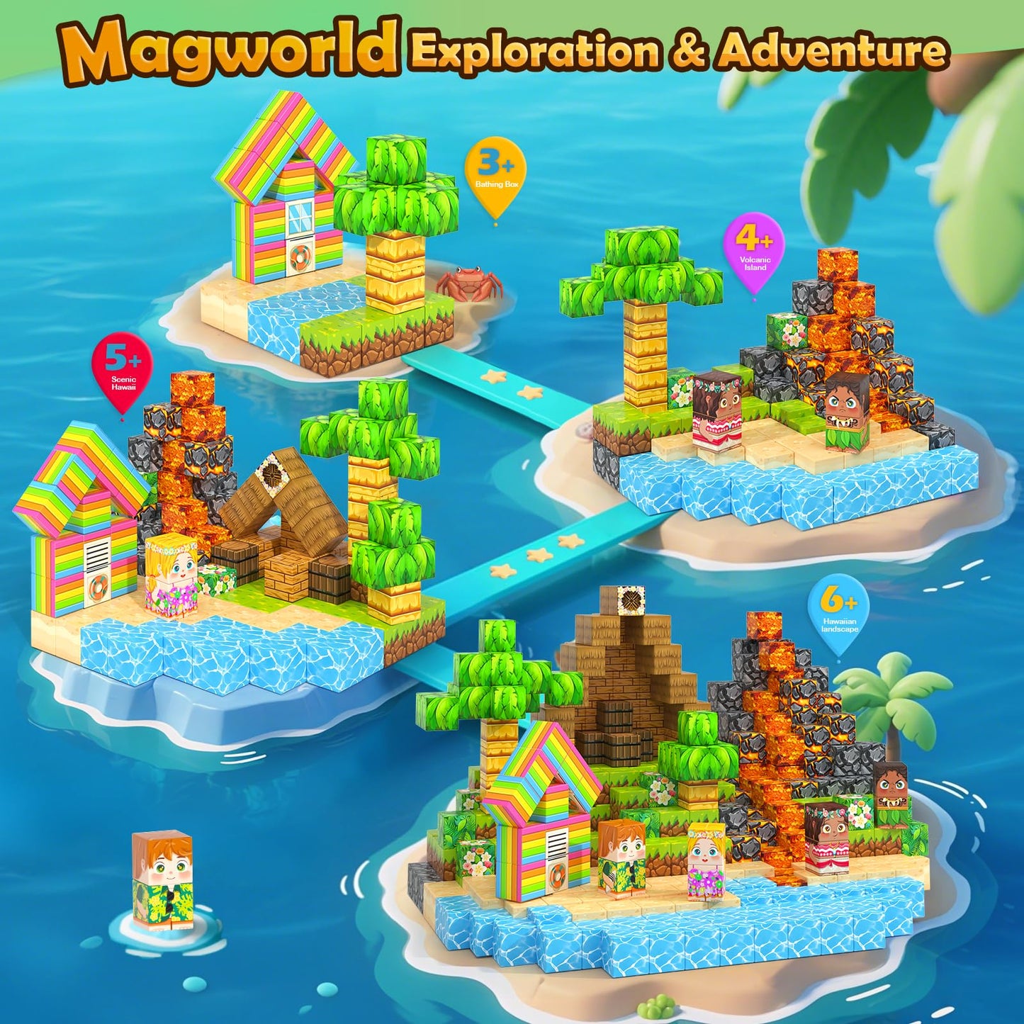 Gooidea Large Magnetic Blocks – 120pcs Hawaii Mine Magnet World Building Toy for Kids Aged 3-12