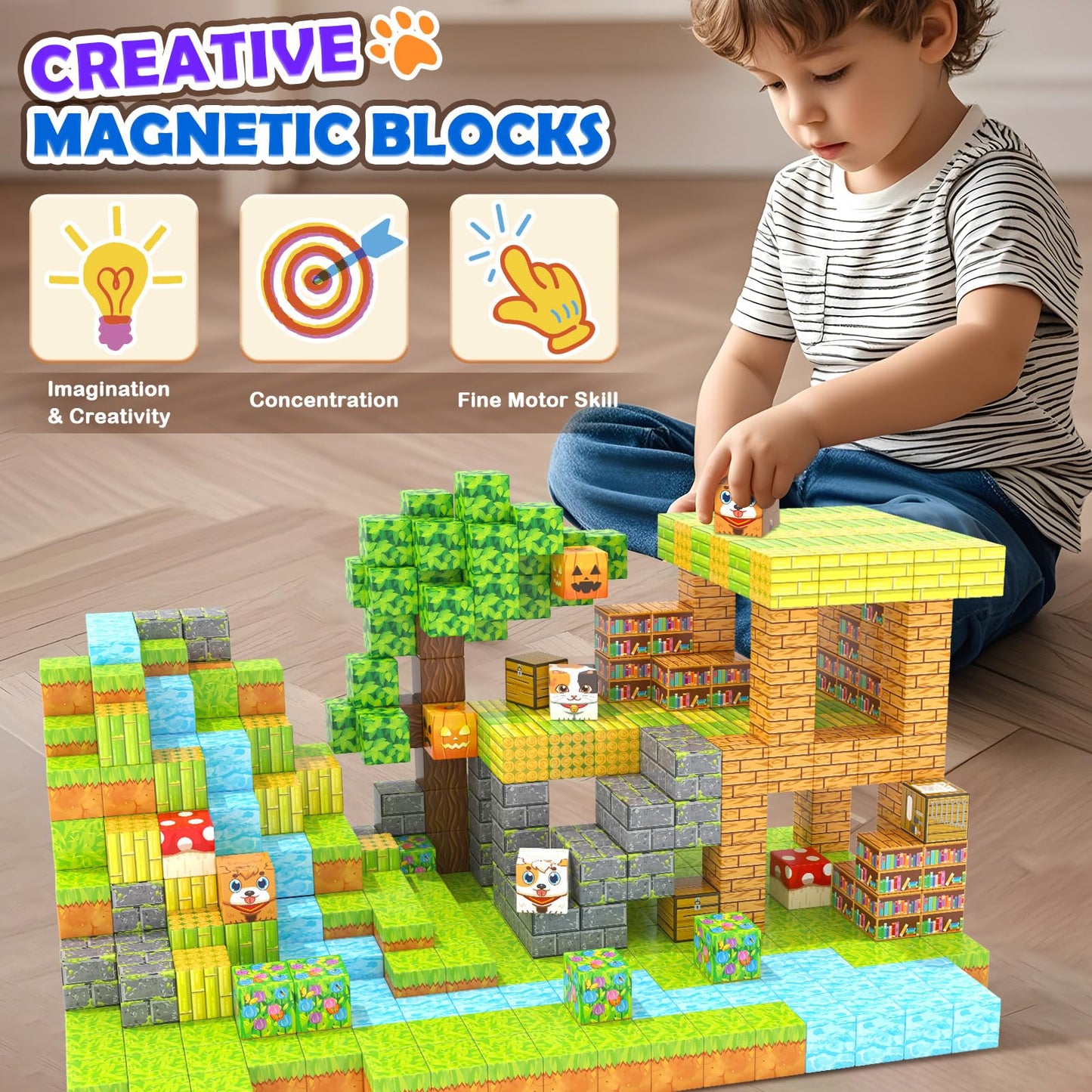 Gooidea Large Magnetic Blocks 1 Inch Building Cubes for Kids 3+ | Magworld Bamboo House Toy Set