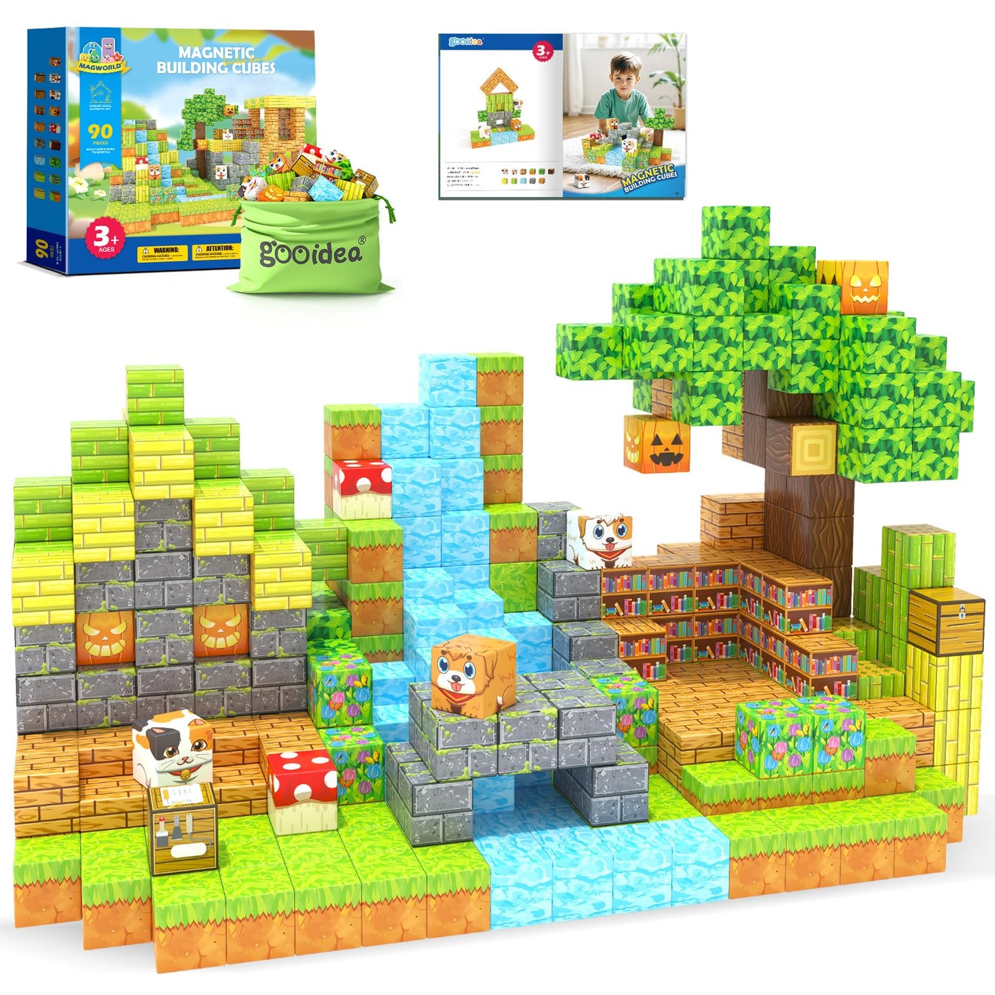 Gooidea Large Magnetic Blocks 1 Inch Building Cubes for Kids 3+ | Magworld Bamboo House Toy Set