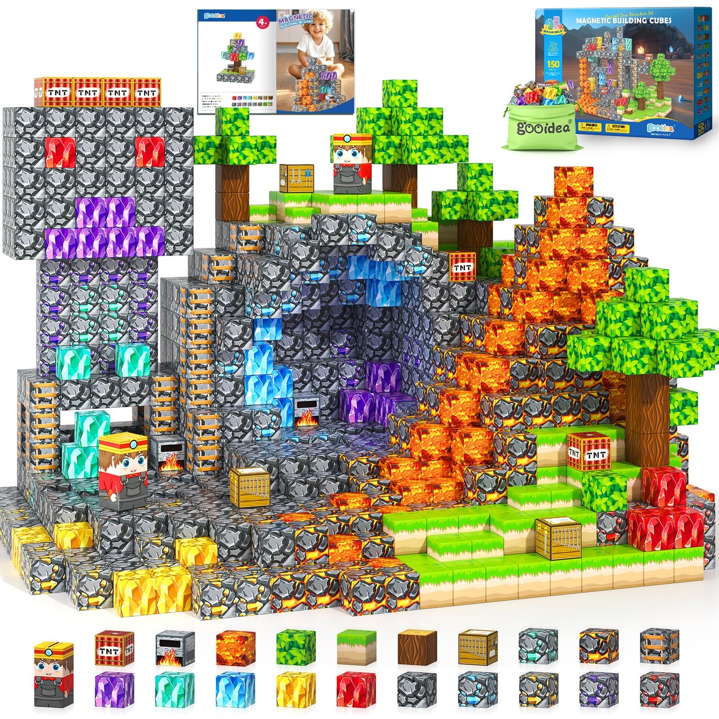 Gooidea Magnetic Blocks - 150 STEM Building Blocks for Kids | Mine World Theme Cubes
