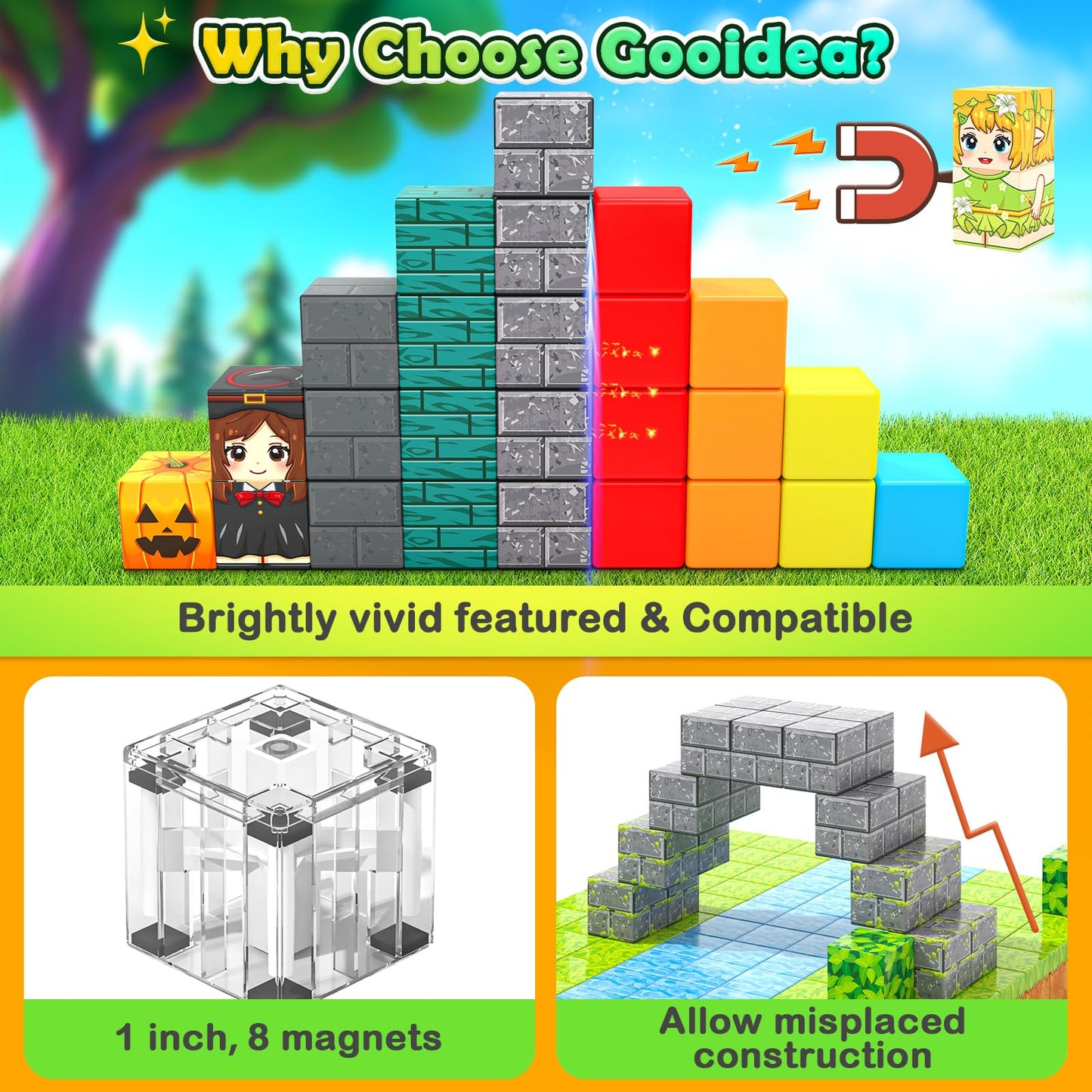 Gooidea Large Magnetic Blocks – Mine Magworld Magic Enchanted 1-Inch Cubes for Kids 3+