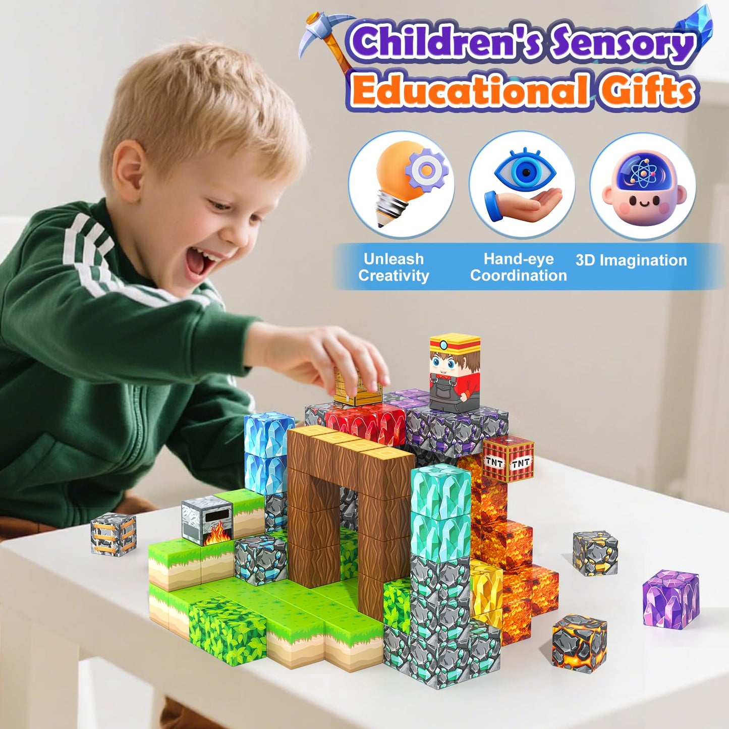 Gooidea Magnetic Blocks - 150 STEM Building Blocks for Kids | Mine World Theme Cubes