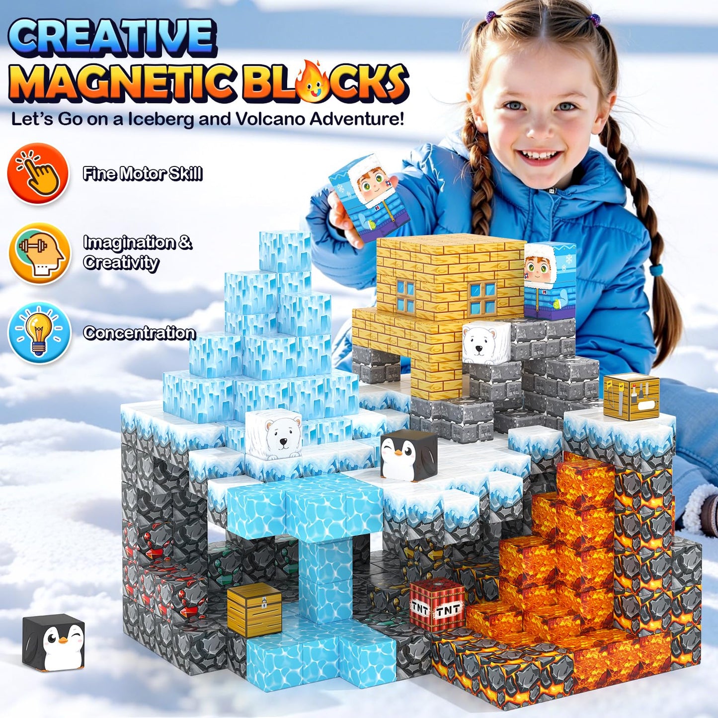 Gooidea Large Magnetic Blocks 110PCS – Ice Fire World MAGWORLD Build & Create Set for Kids Ages 3-12