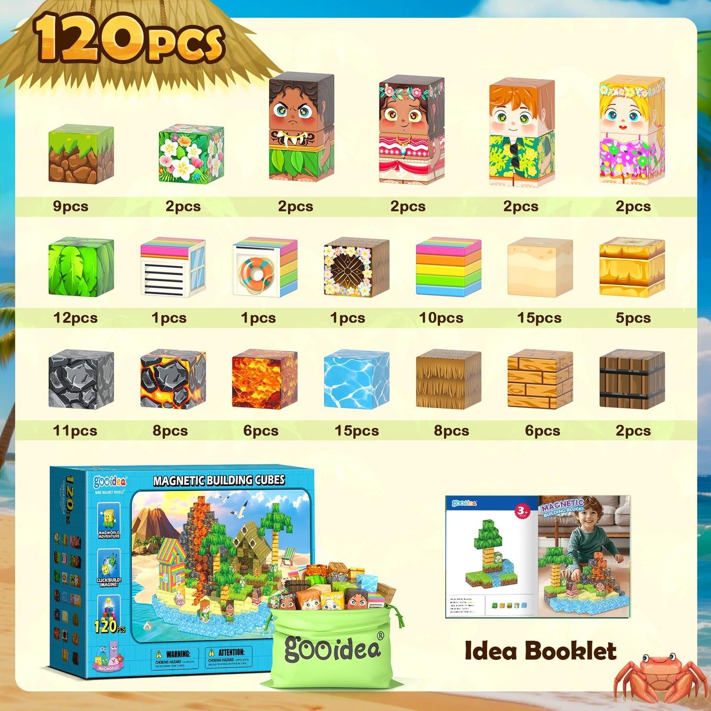 Gooidea Large Magnetic Blocks – 120pcs Hawaii Mine Magnet World Building Toy for Kids Aged 3-12