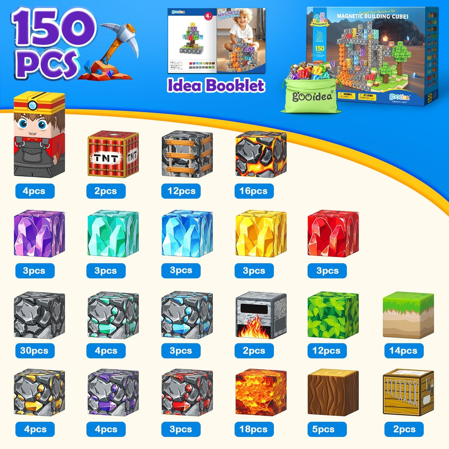 Gooidea Magnetic Blocks - 150 STEM Building Blocks for Kids | Mine World Theme Cubes