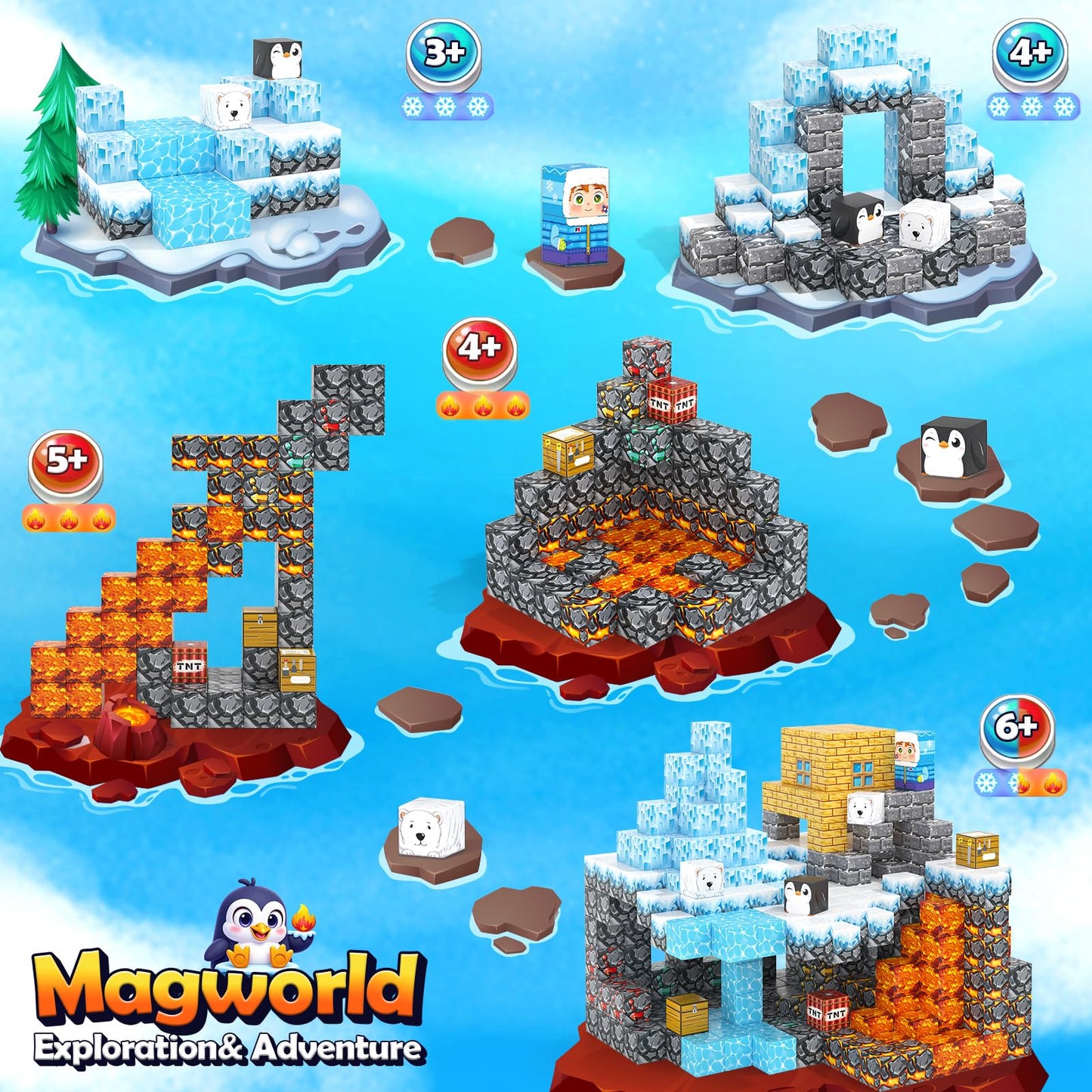 Gooidea Large Magnetic Blocks 110PCS – Ice Fire World MAGWORLD Build & Create Set for Kids Ages 3-12