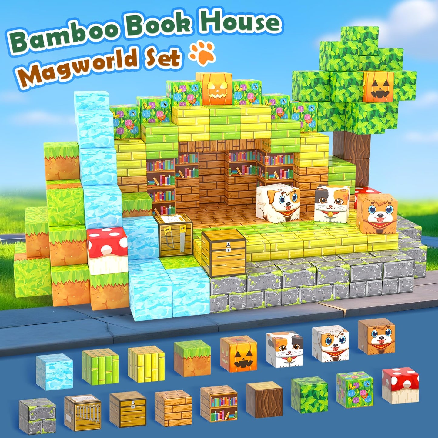 Gooidea Large Magnetic Blocks 1 Inch Building Cubes for Kids 3+ | Magworld Bamboo House Toy Set