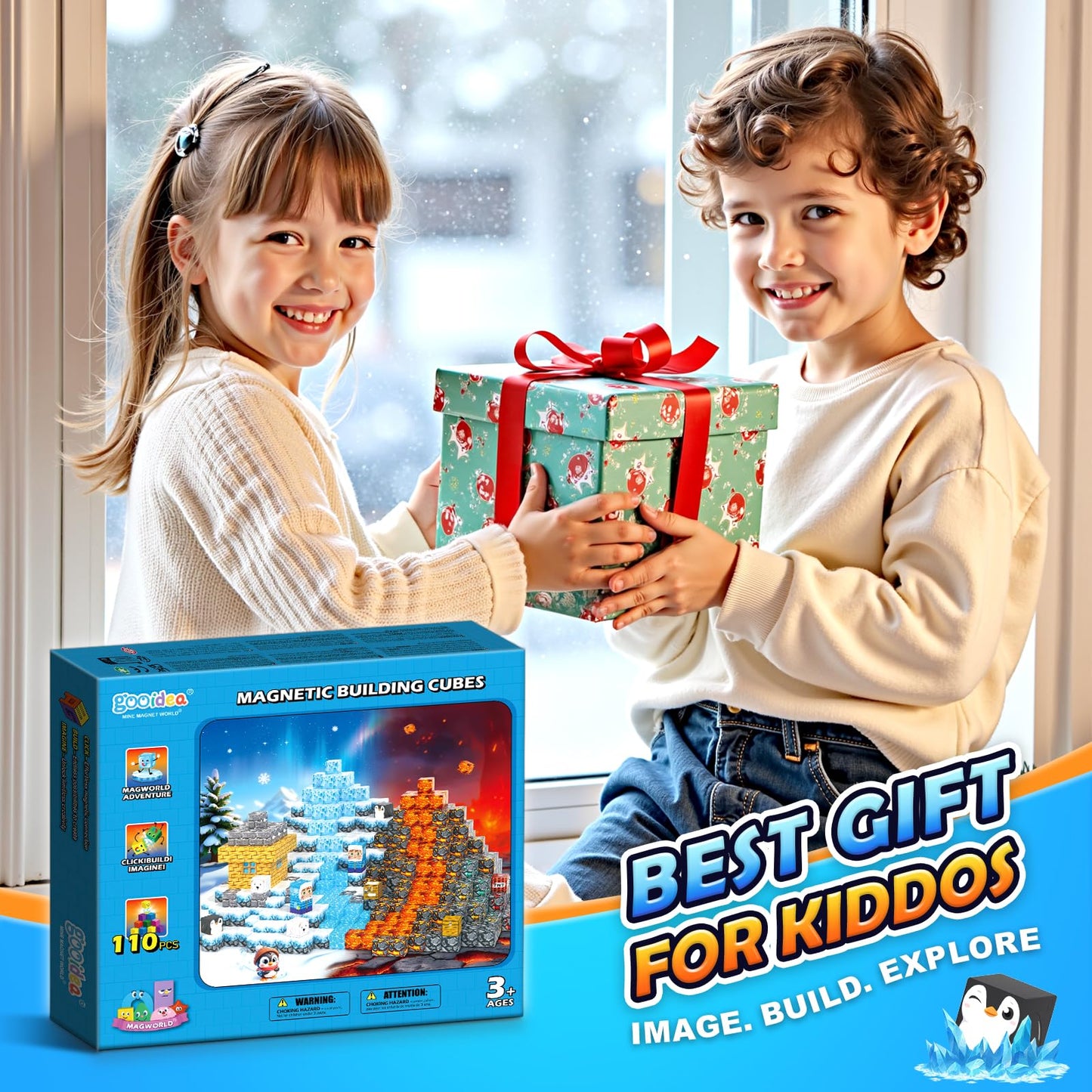 Gooidea Large Magnetic Blocks 110PCS – Ice Fire World MAGWORLD Build & Create Set for Kids Ages 3-12