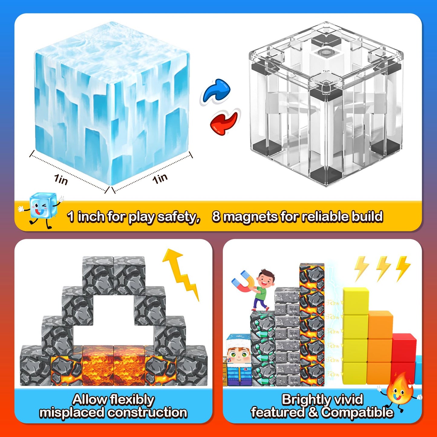 Gooidea Large Magnetic Blocks 110PCS – Ice Fire World MAGWORLD Build & Create Set for Kids Ages 3-12