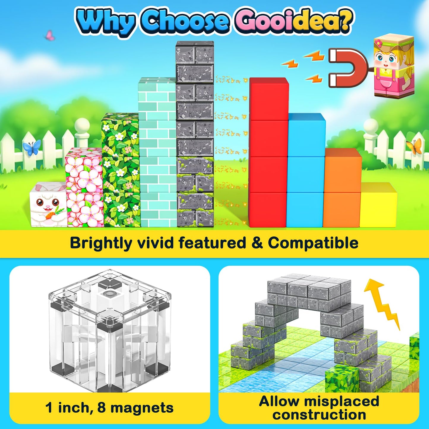Gooidea 108PCS Magnetic Blocks – 1-Inch Building Cubes with Puzzle Panel | Sensory Learning Toy for Ages 3+