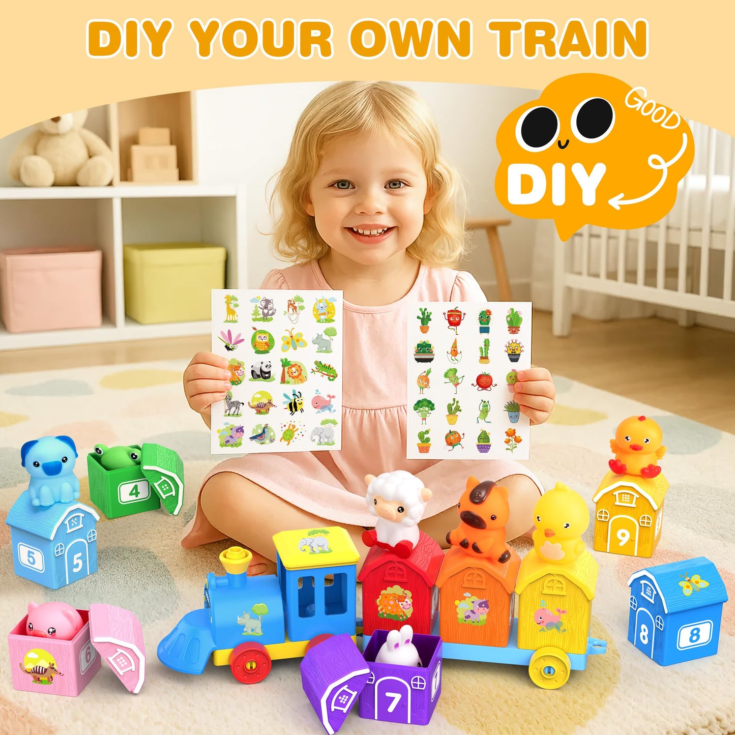 GooMags Montessori Farm Train Set for Toddlers 1-3 | Counting, Sorting & Puppets