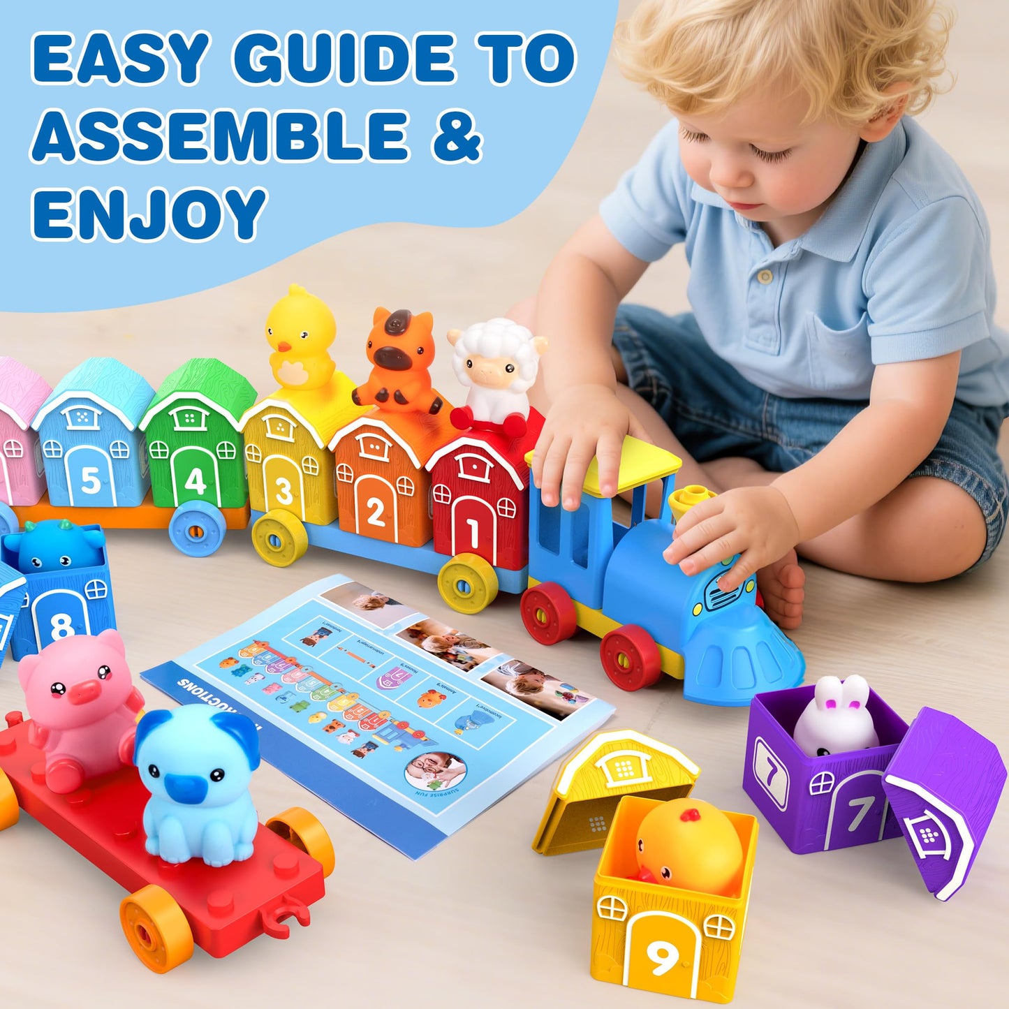 GooMags Montessori Farm Train Set for Toddlers 1-3 | Counting, Sorting & Puppets