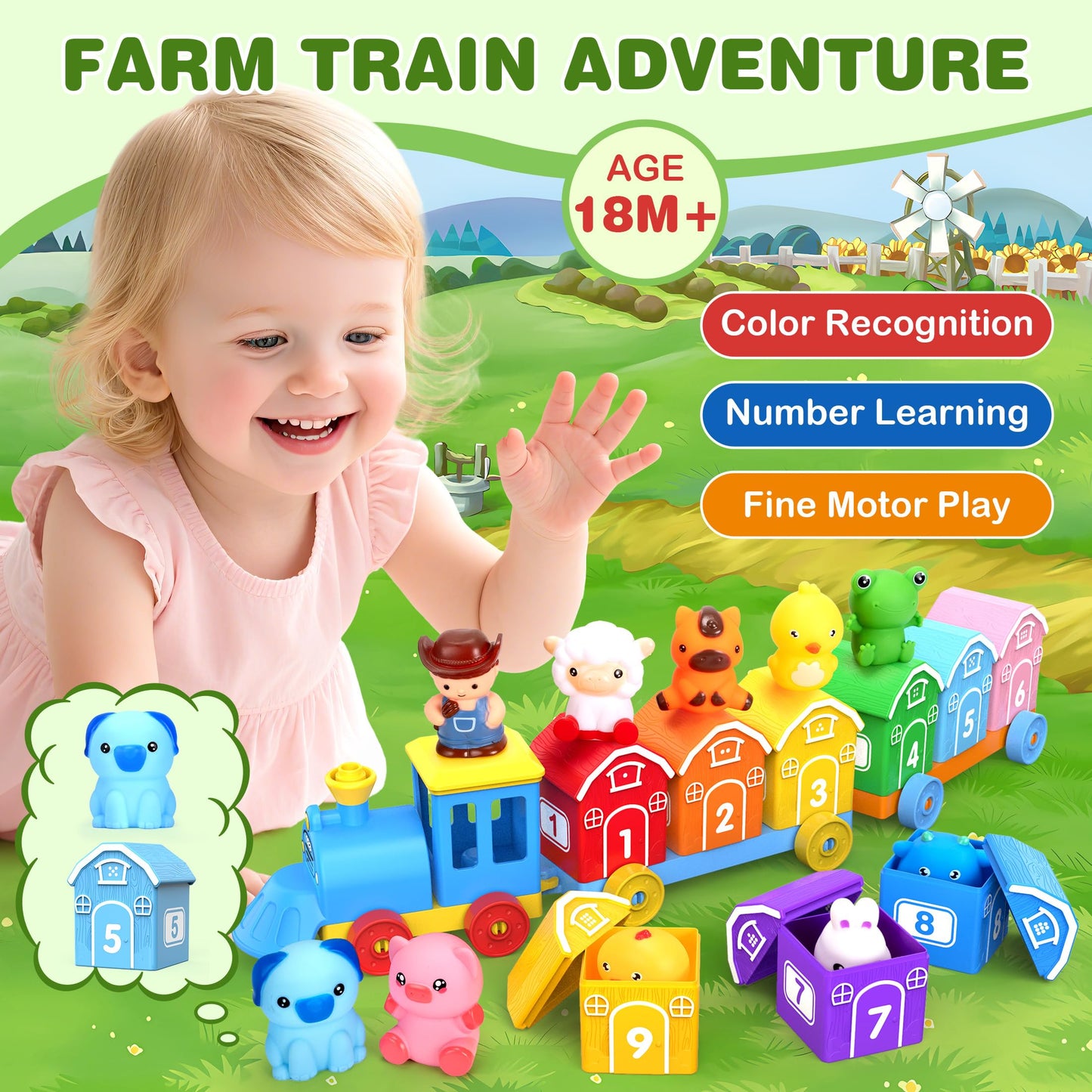 GooMags Montessori Farm Train Set for Toddlers 1-3 | Counting, Sorting & Puppets