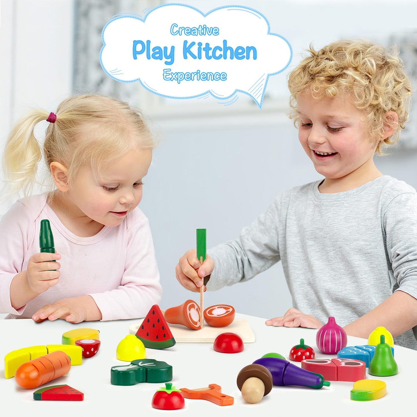 GOPLACS Wooden Play Food Sets for Kids – Cutting Fruits & Veggies