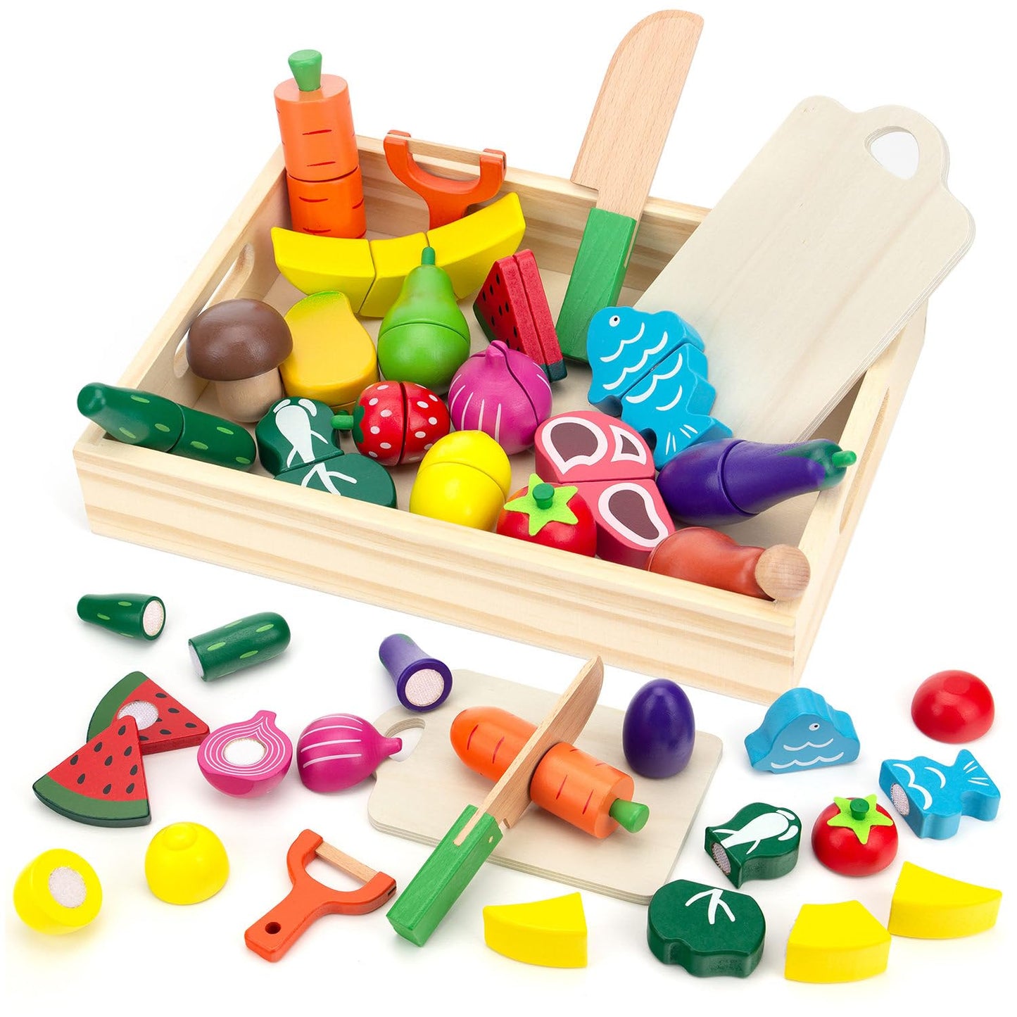 GOPLACS Wooden Play Food Sets for Kids – Cutting Fruits & Veggies
