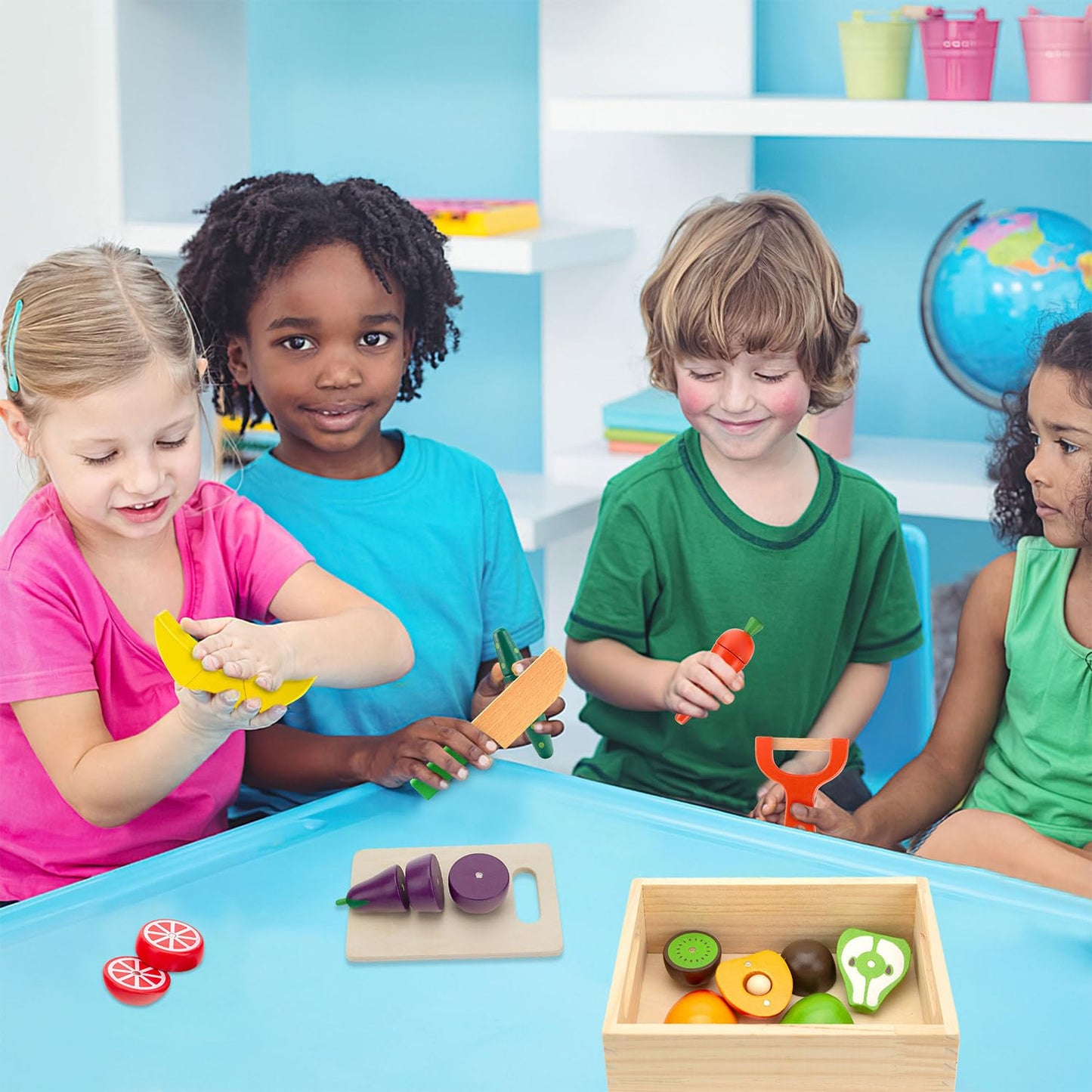 GOPLACS Wooden Play Food Sets for Kids Kitchen – Cutting Fruits & Veggies, Pretend Play Toys, Montessori Educational Gifts