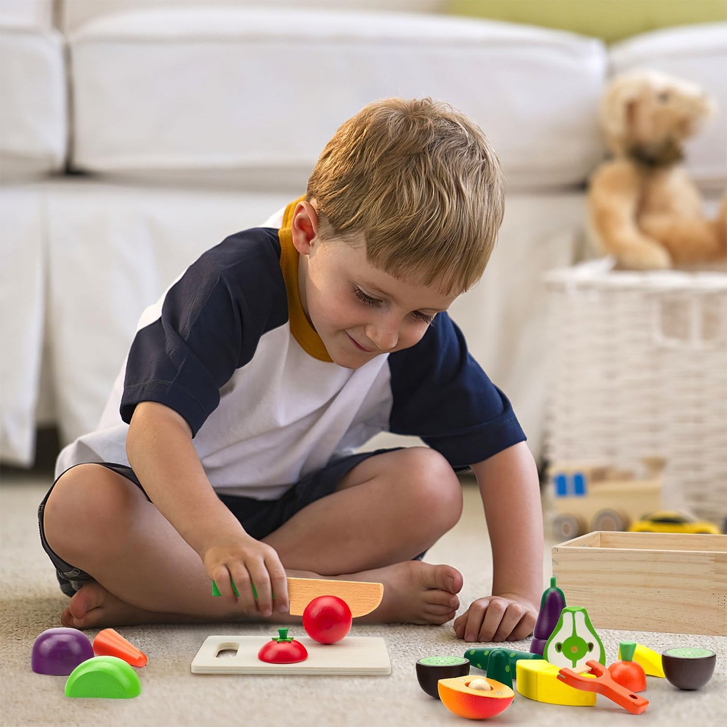 GOPLACS Wooden Play Food Sets for Kids Kitchen – Cutting Fruits & Veggies, Pretend Play Toys, Montessori Educational Gifts
