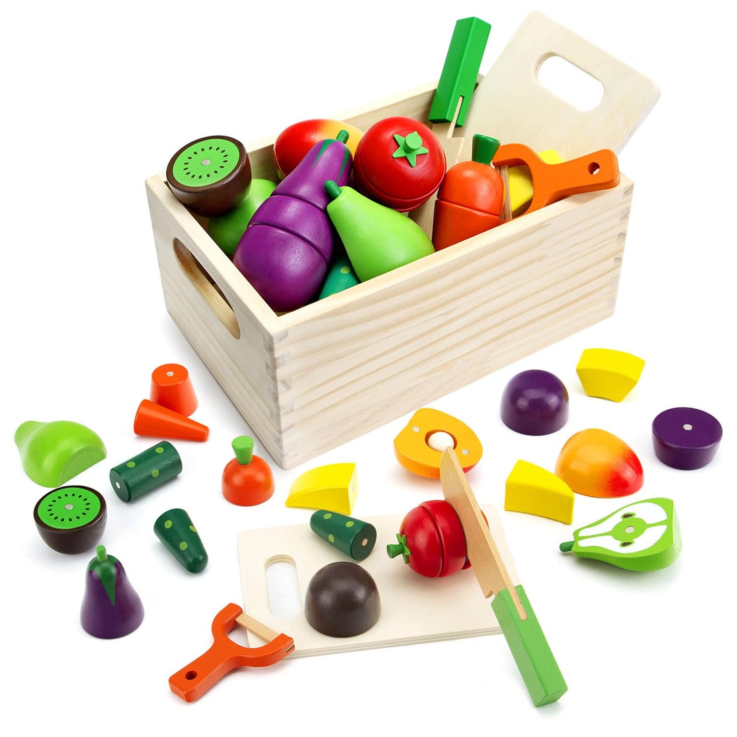 GOPLACS Wooden Play Food Sets for Kids Kitchen – Cutting Fruits & Veggies, Pretend Play Toys, Montessori Educational Gifts