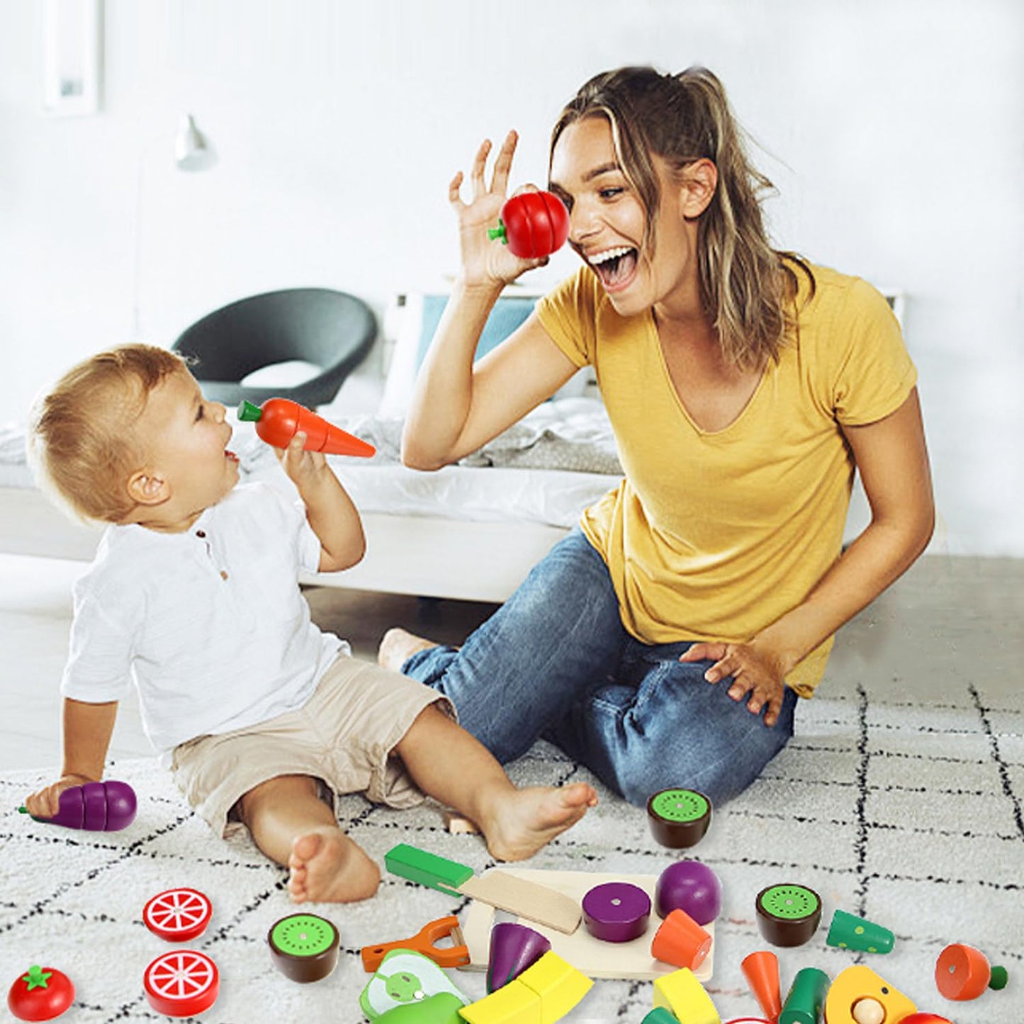 GOPLACS Wooden Play Food Sets for Kids Kitchen – Cutting Fruits & Veggies, Pretend Play Toys, Montessori Educational Gifts